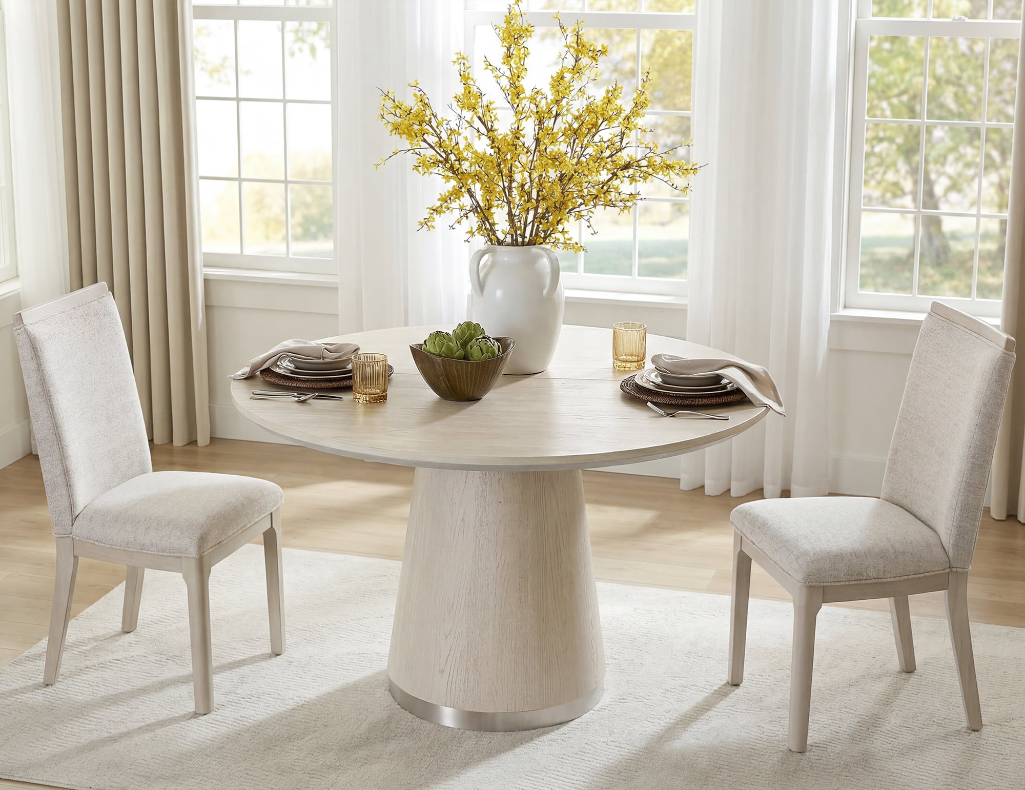 WAMPAT 3 Pieces Dining Room Furniture Set, 43" Round Pedestal Base Kitchen Table and Set of 2 Upholstered Solid Wood Dining Chairs