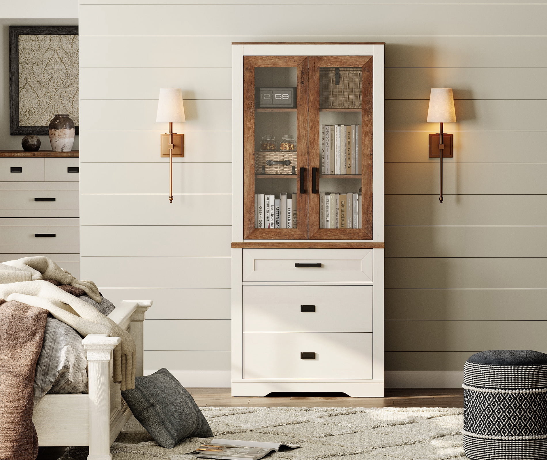 WAMPAT 3 Tier Bookcase with Drawer,73.3" Tall Floor Standing Bookshelf,Modern Farmhouse Display Storage Cabinet with Adjustable Shelves and Glass Door for Home Office,Living Room,White Oak