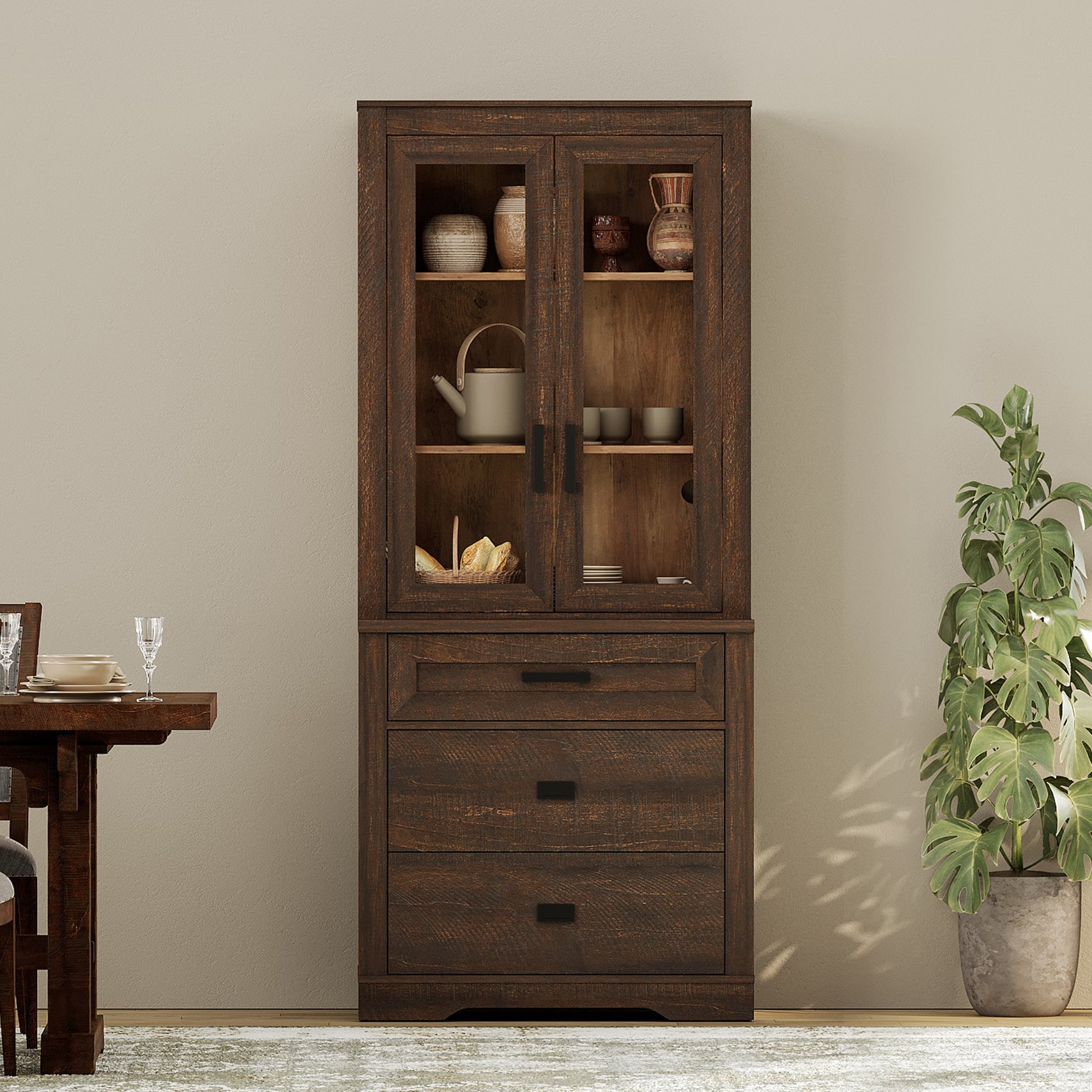 WAMPAT 3 Tier Bookcase with Drawer,73.3" Tall Floor Standing Bookshelf,Modern Farmhouse Display Storage Cabinet with Adjustable Shelves,Espresso