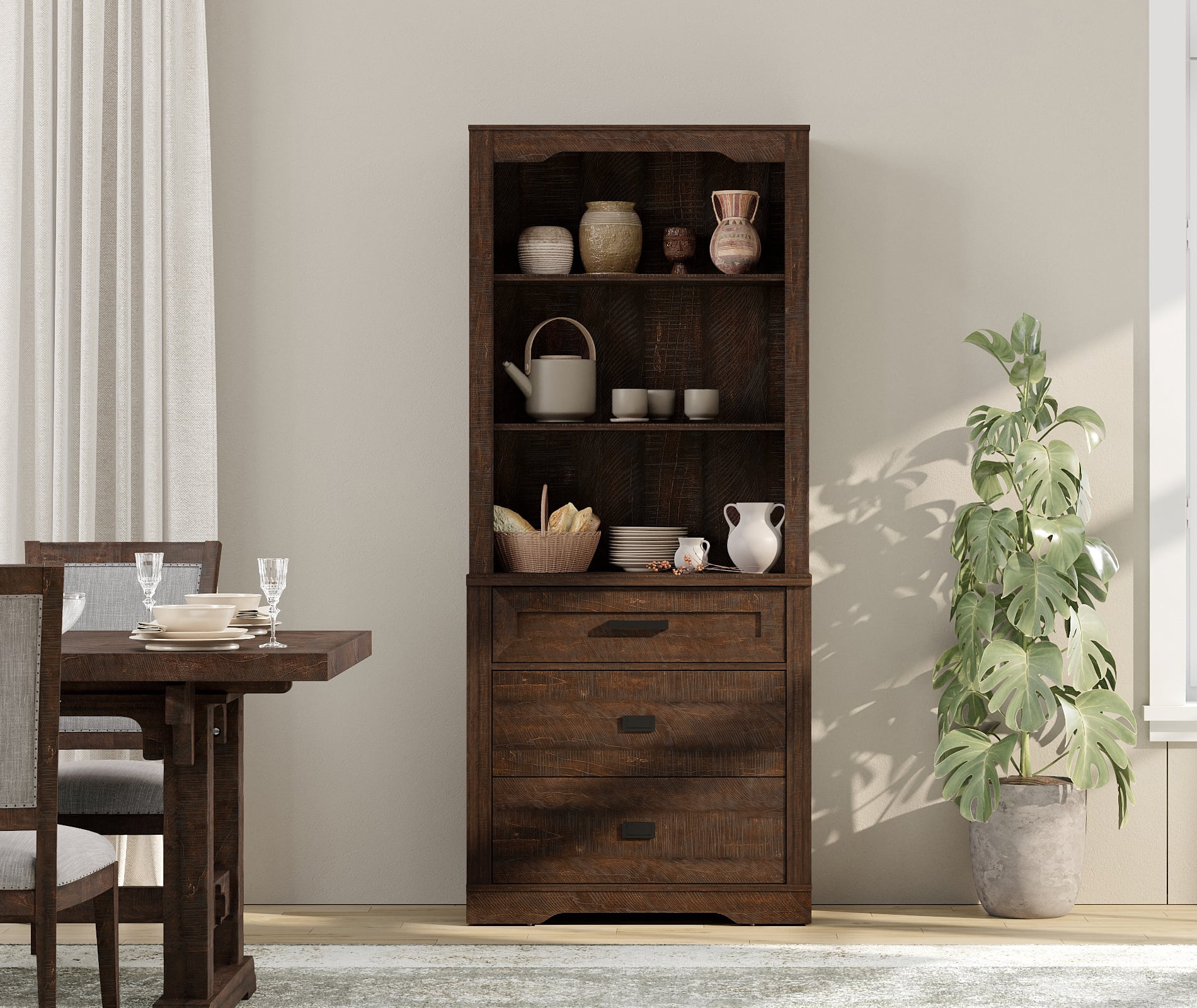 WAMPAT 3 Tier Bookcase with Drawer,73.3" Tall Floor Standing Bookshelf,Modern Farmhouse Display Storage Cabinet with Adjustable Shelves,Rustic Brown