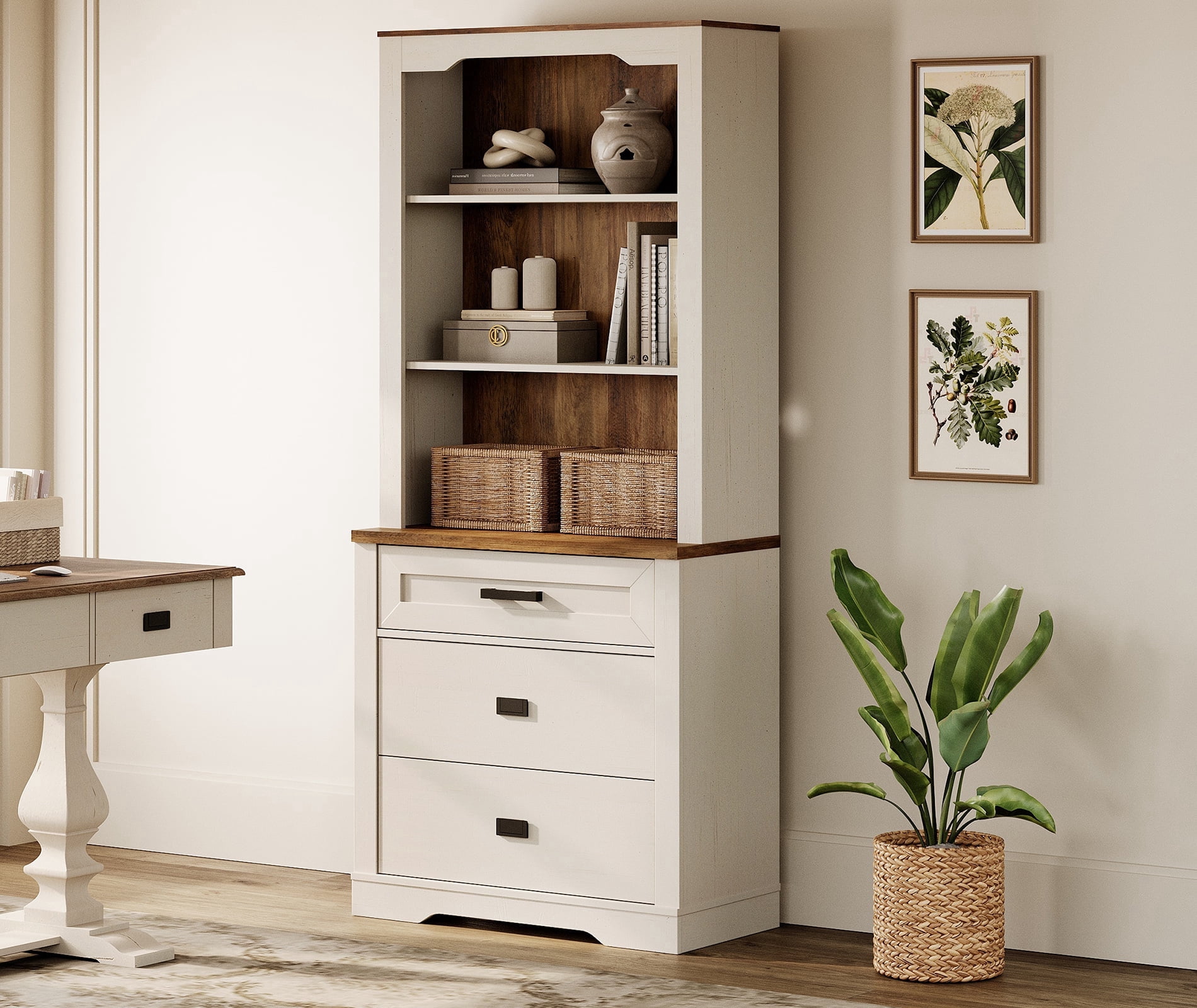 WAMPAT 3 Tier Bookcase with Drawer,73.3" Tall Floor Standing Bookshelf,Modern Farmhouse Display Storage Cabinet with Adjustable Shelves,Rustic White