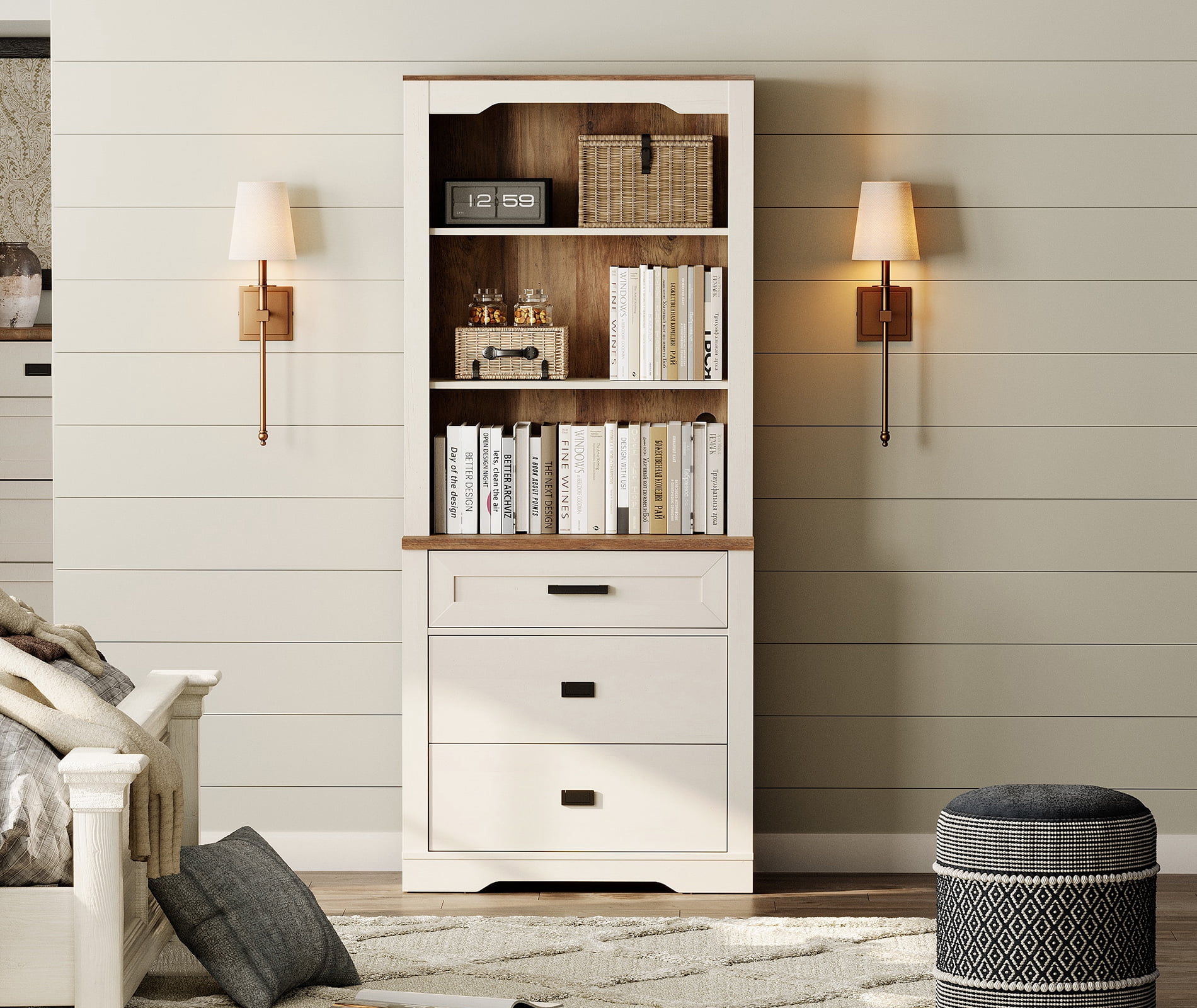 WAMPAT 3 Tier Bookcase with Drawer,73.3" Tall Floor Standing Bookshelf,Modern Farmhouse Display Storage Cabinet with Adjustable Shelves,Rustic White