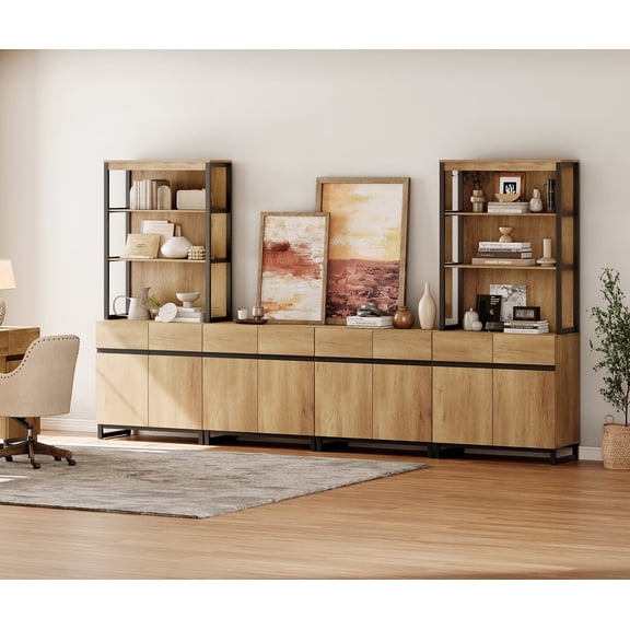 WAMPAT 3 Tier Wood Bookshelf with Storage Cabinets & Doors, 72" Tall Modern Large Display Bookcase with Adjustable Shelf, Freestanding Library Bookshelves for Home Office & Living Room, Oak