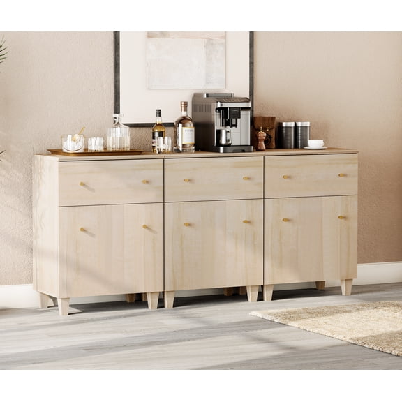 WAMPAT 3-in-1 Buffet Cabinets for Dining Room, 70.8" Kitchen Wood Sideboards with Drawers and Doors, Modern Coffee Bar Server Table with Adjustable Shelves for Living Room, Natural Oak