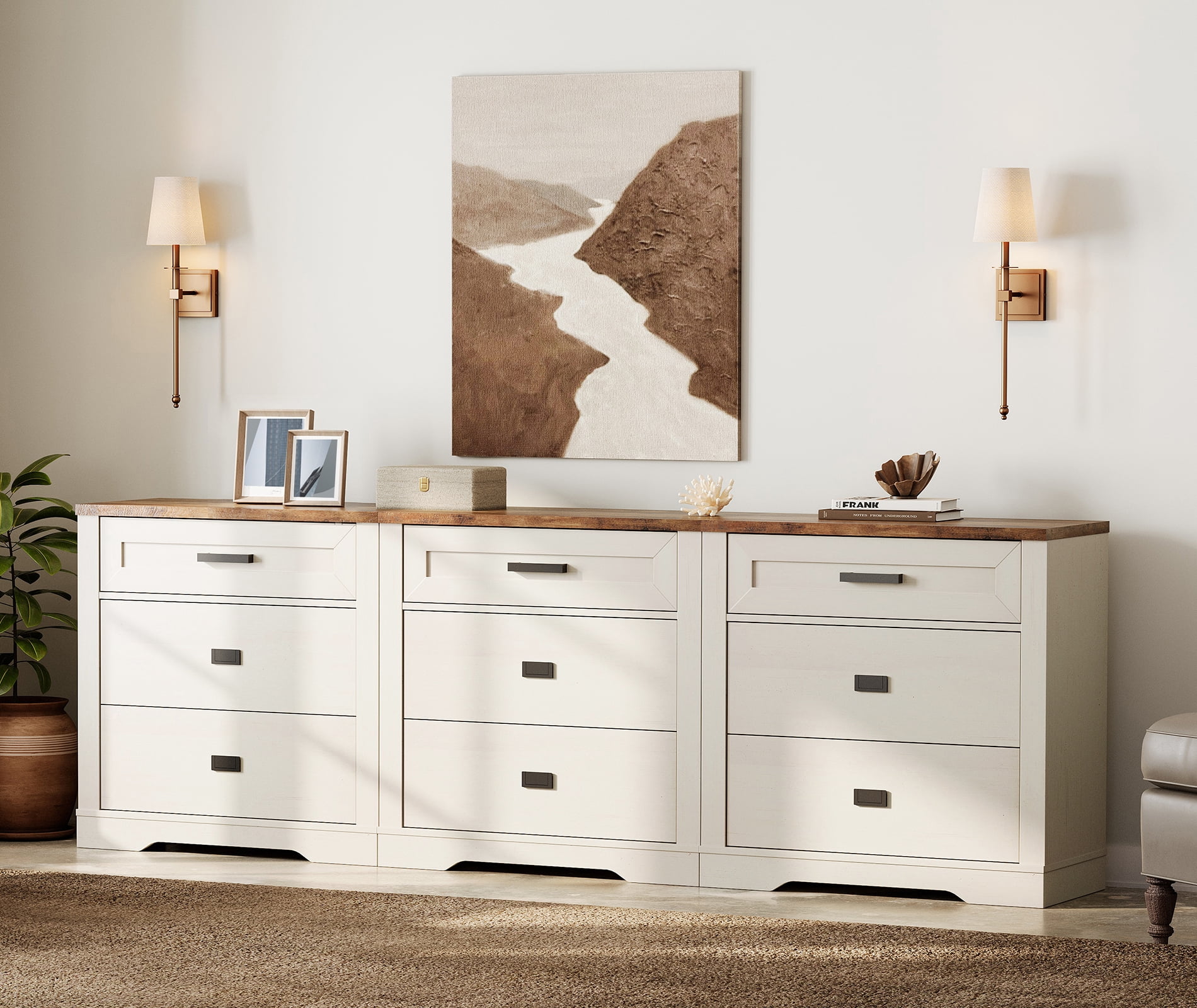 WAMPAT 3-in-1 Farmhouse 9 Drawers Dresser for Bedroom,Modern Farmhouse 94" W Chest of Drawers Closet Storage Organizer for Living Room,Hallway,Antique White