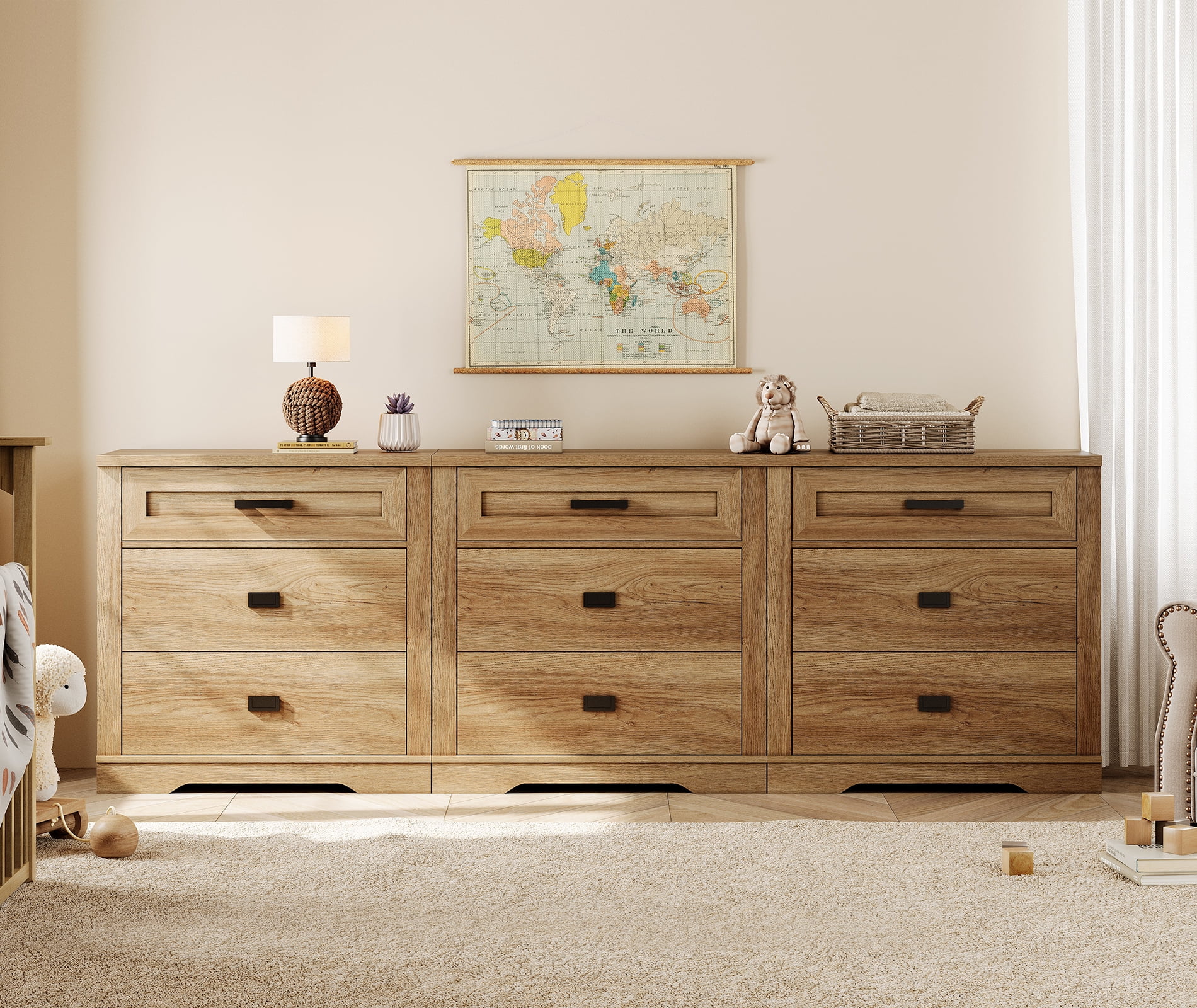 WAMPAT 3-in-1 Farmhouse 9 Drawers Dresser for Bedroom,Modern Farmhouse 94" W Chest of Drawers Closet Storage Organizer for Living Room,Hallway,Vintage Oak