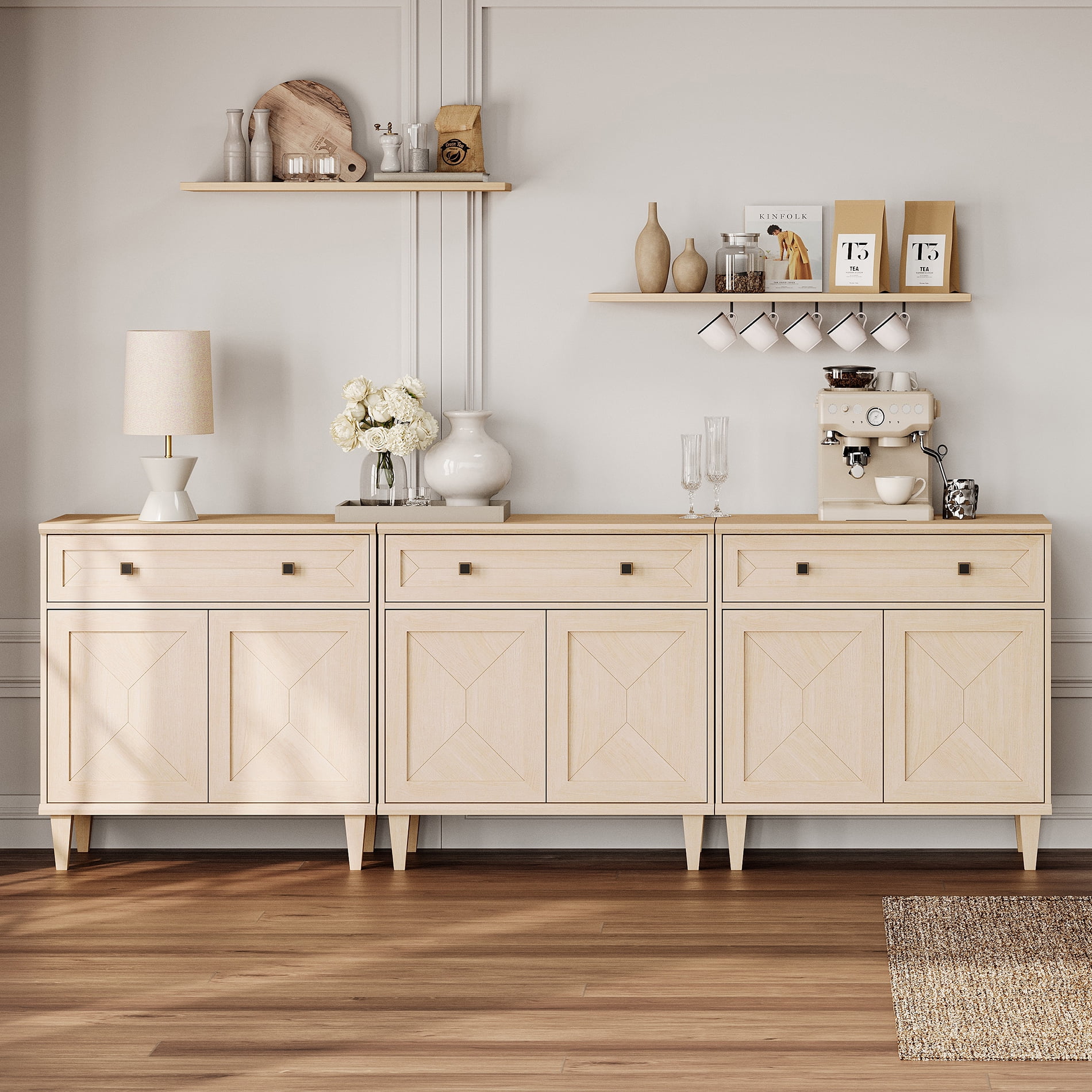 WAMPAT 3-in-1 Handmade Patchwork Buffet Cabinets,Beige