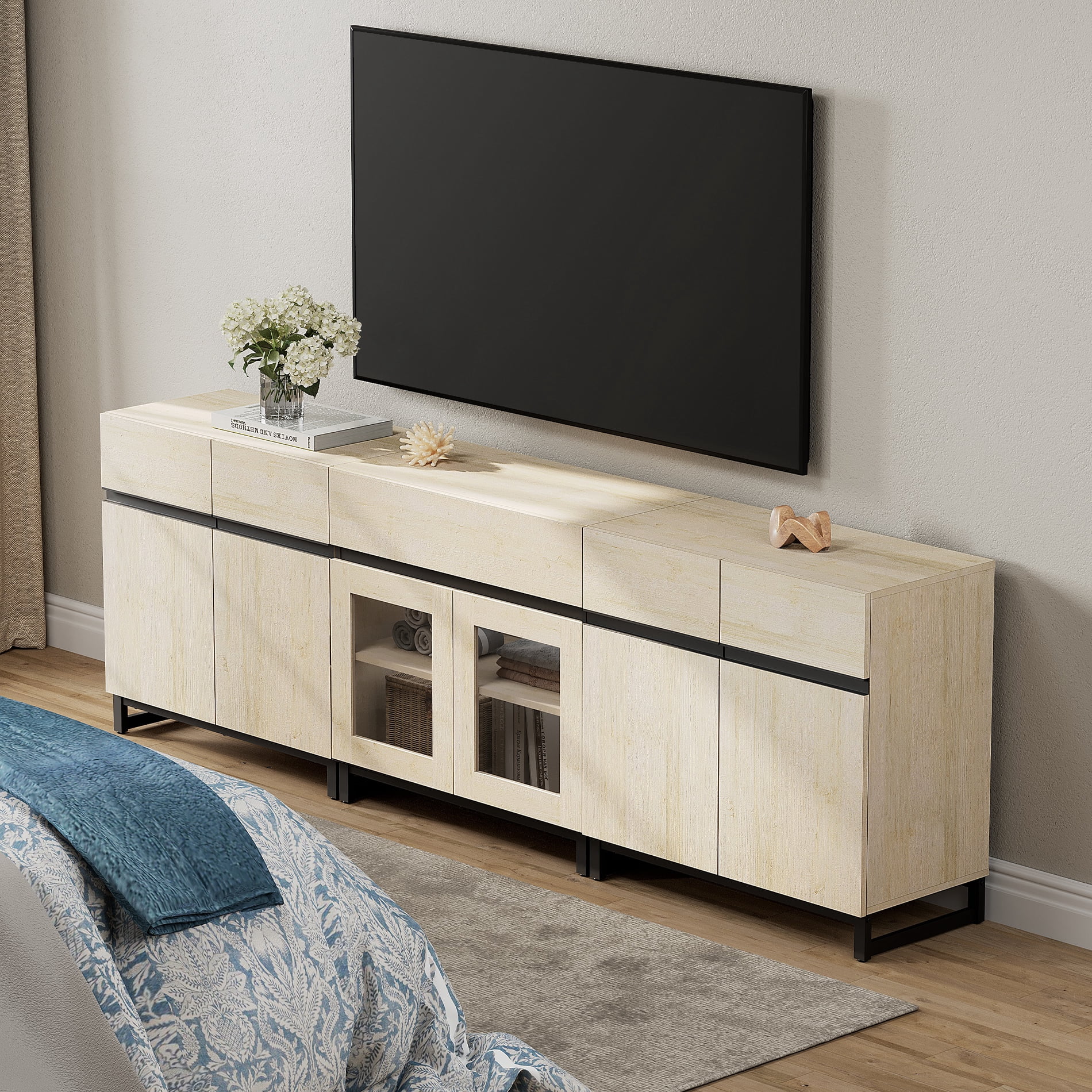 WAMPAT 3-in-1 Modern Entertainment Center TV Stand for TVs up to 100 Inch, with Metal Base & 2 Adjustable Shelves, Living Room TV Console,Beige