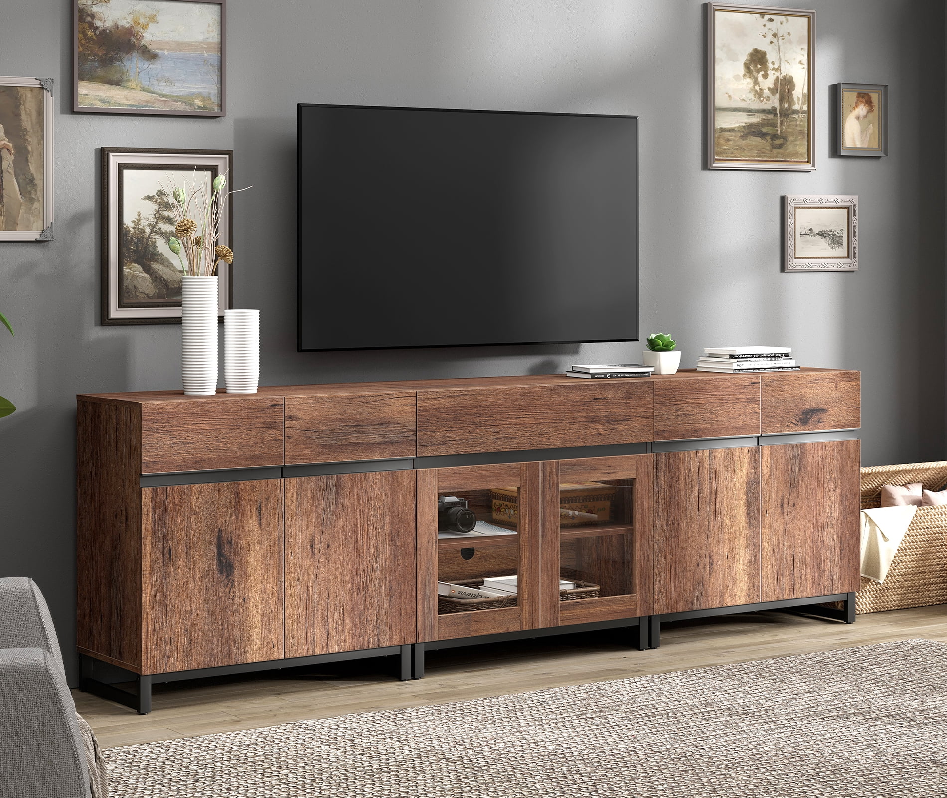 WAMPAT 3-in-1 Modern Entertainment Center TV Stand for TVs up to 100 Inch, with Metal Base & 2 Adjustable Shelves, Living Room TV Console, Brown