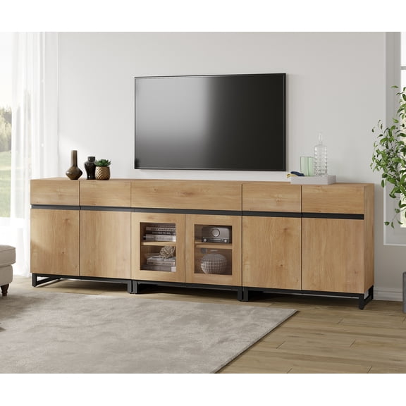 WAMPAT 3-in-1 Modern Entertainment Center TV Stand for TVs up to 100 Inch, with Metal Base & 2 Adjustable Shelves, Living Room TV Console, Oak
