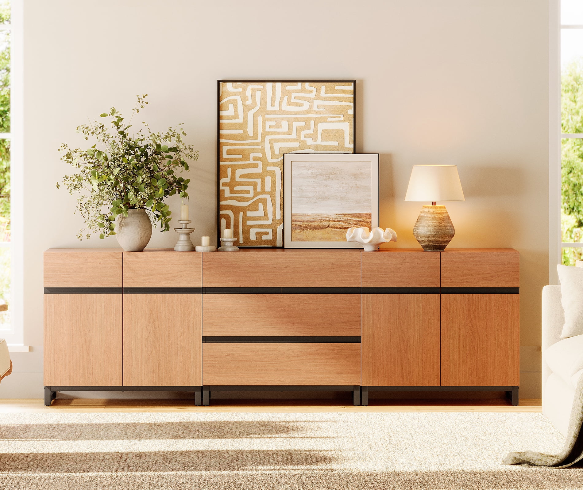 WAMPAT 3 in 1 Modern Sideboard with Adjustable Shelves and 3 Drawers, Coffee Bar Cabinet for Living Room, Kitchen, Mocha