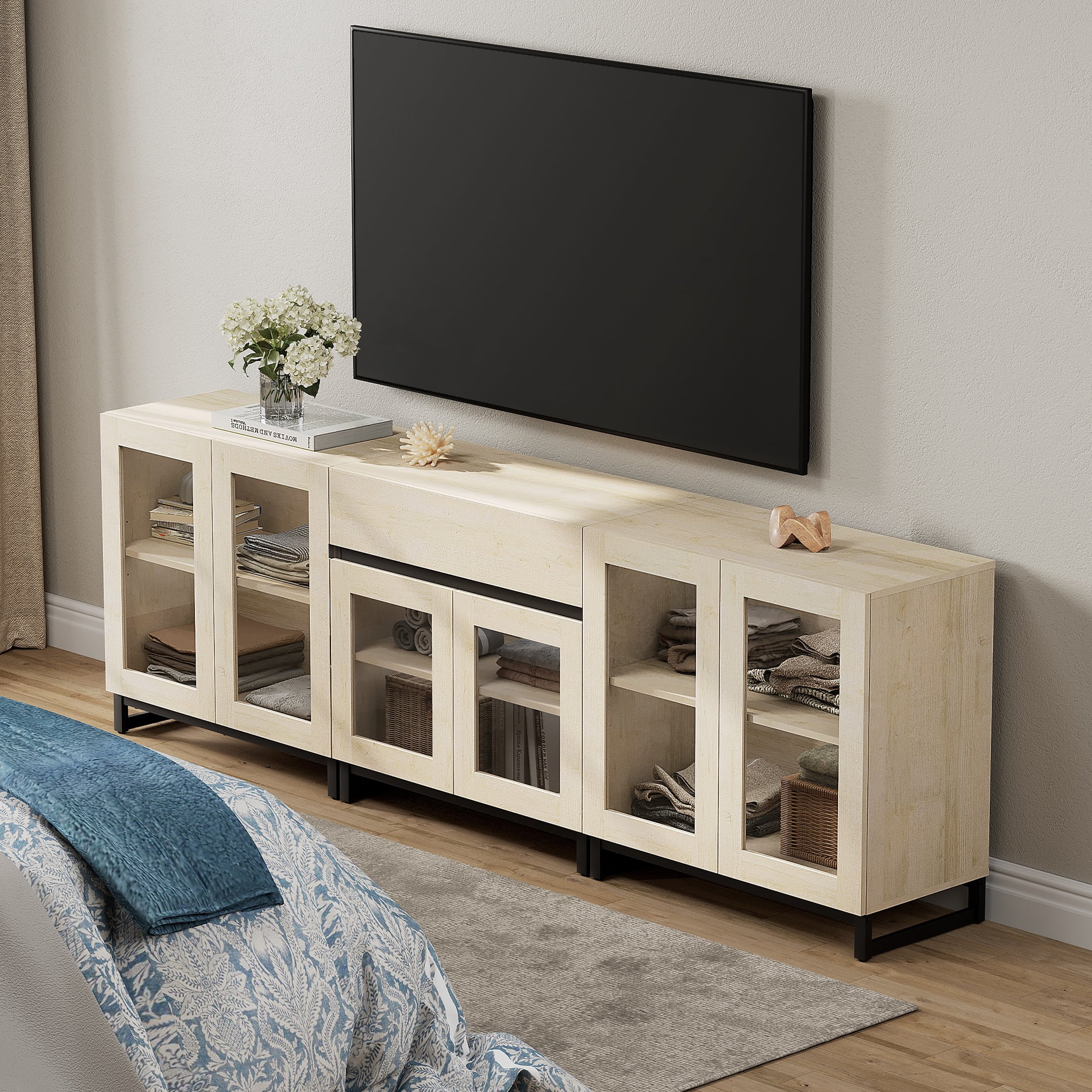 WAMPAT 3-in-1 Modern TV Stand for TVs up to 100 Inch, Glass Doors & 1 Drawer Entertainment Center, Media Console with Adjustable Shelf for Living Room & Bedroom