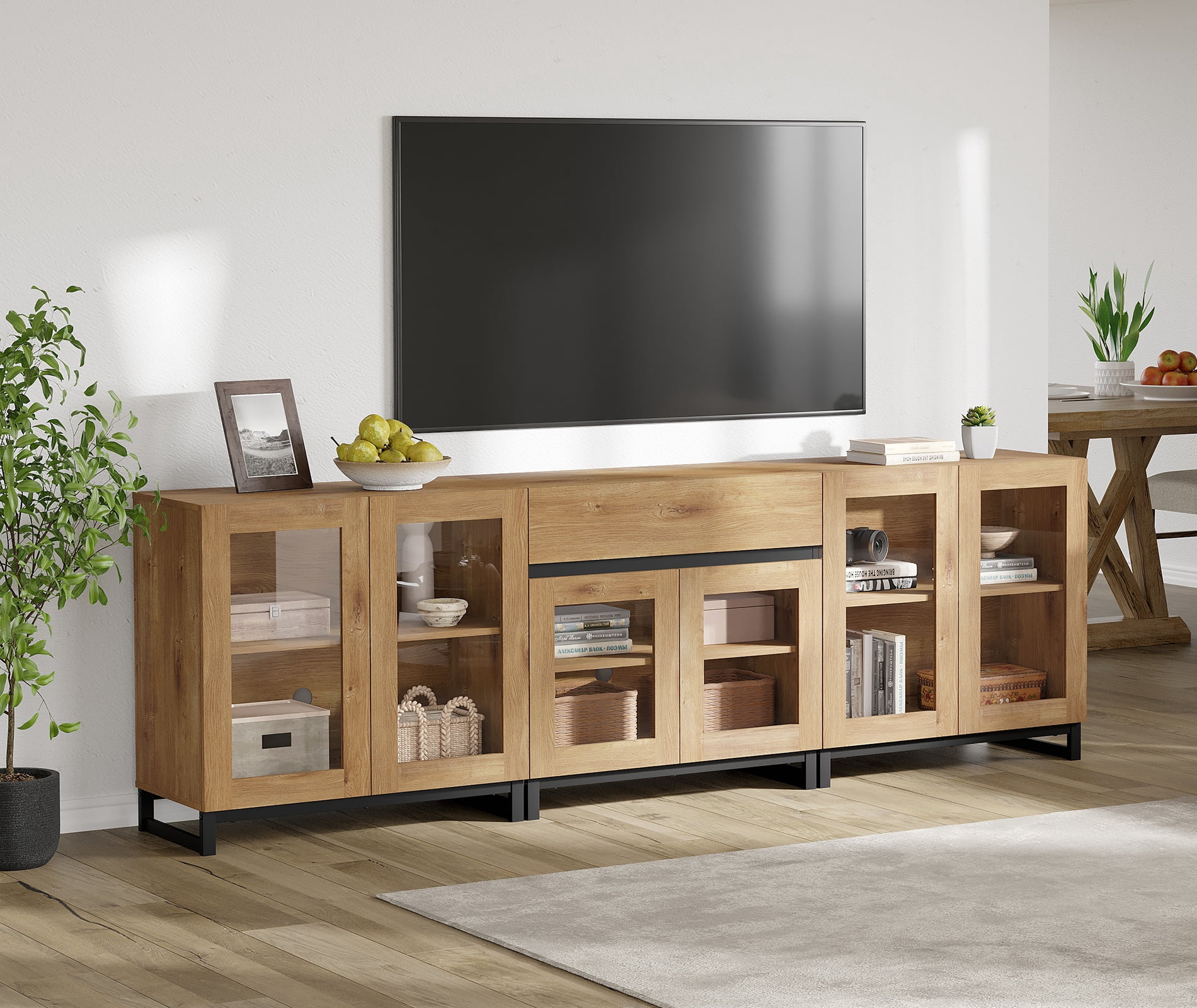 WAMPAT 3-in-1 Modern TV Stand for TVs up to 100 Inch, Glass Doors & 1 Drawer Entertainment Center, Media Console with Adjustable Shelf for Living Room & Bedroom