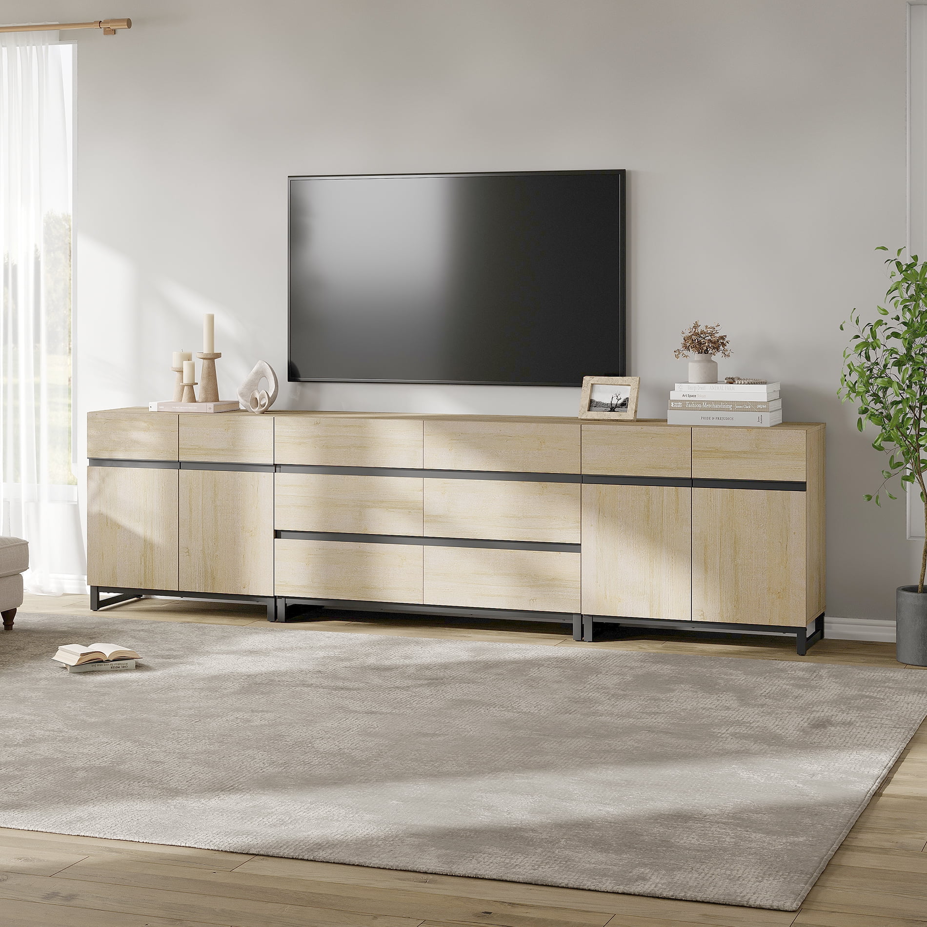 WAMPAT 3-in-1 Modern TV Stand for TVs up to 120 Inch，6 Drawers, Doors & Adjustable Shelf Media Console，Entertainment Center for Living Room & Bedroom,Beige