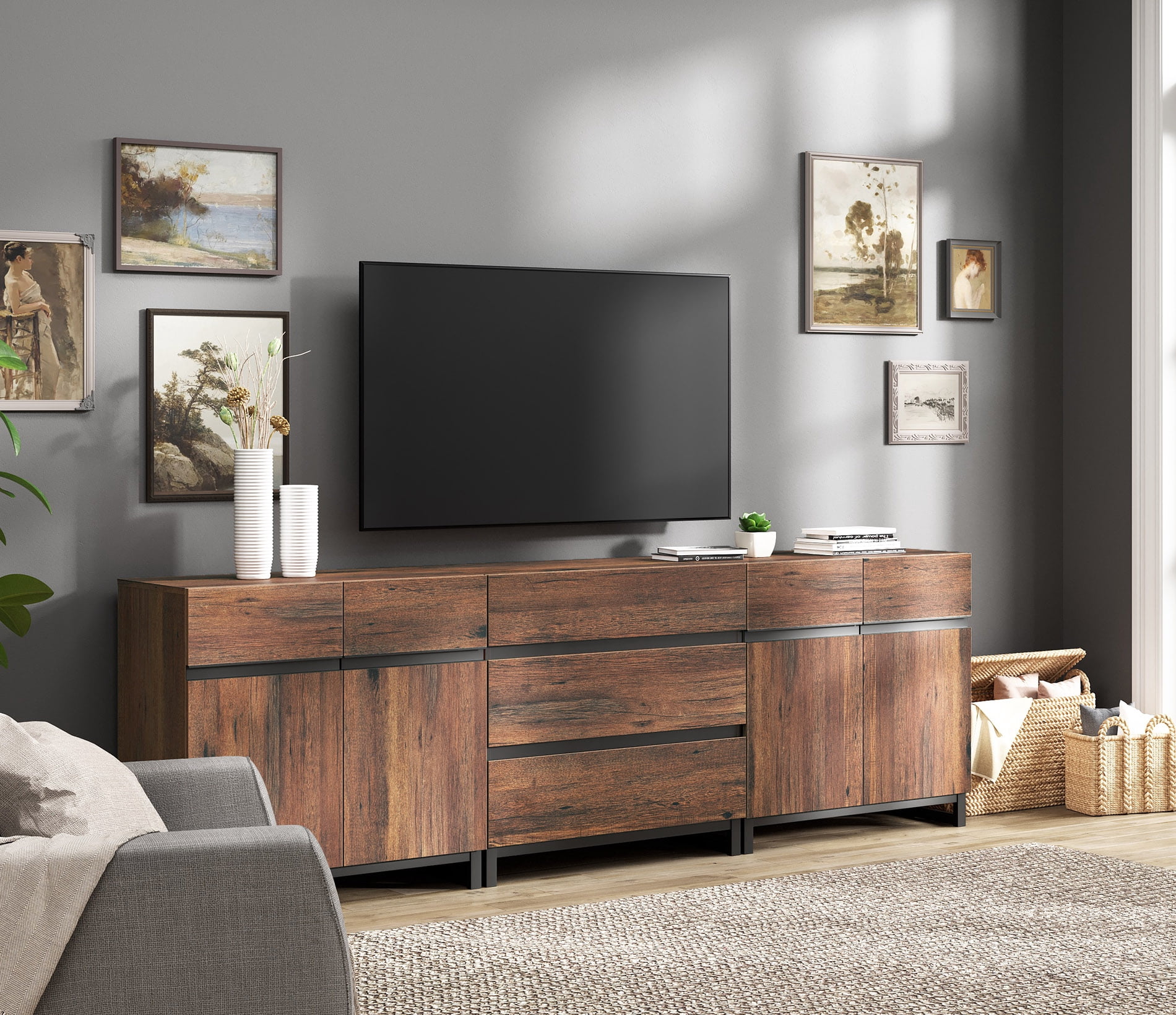 WAMPAT 3-in-1 Modern TV Stand for TVs up to 100 Inch，3 Drawers & Adjustable Shelves Media Console， Entertainment Center for Living Room & Bedroom