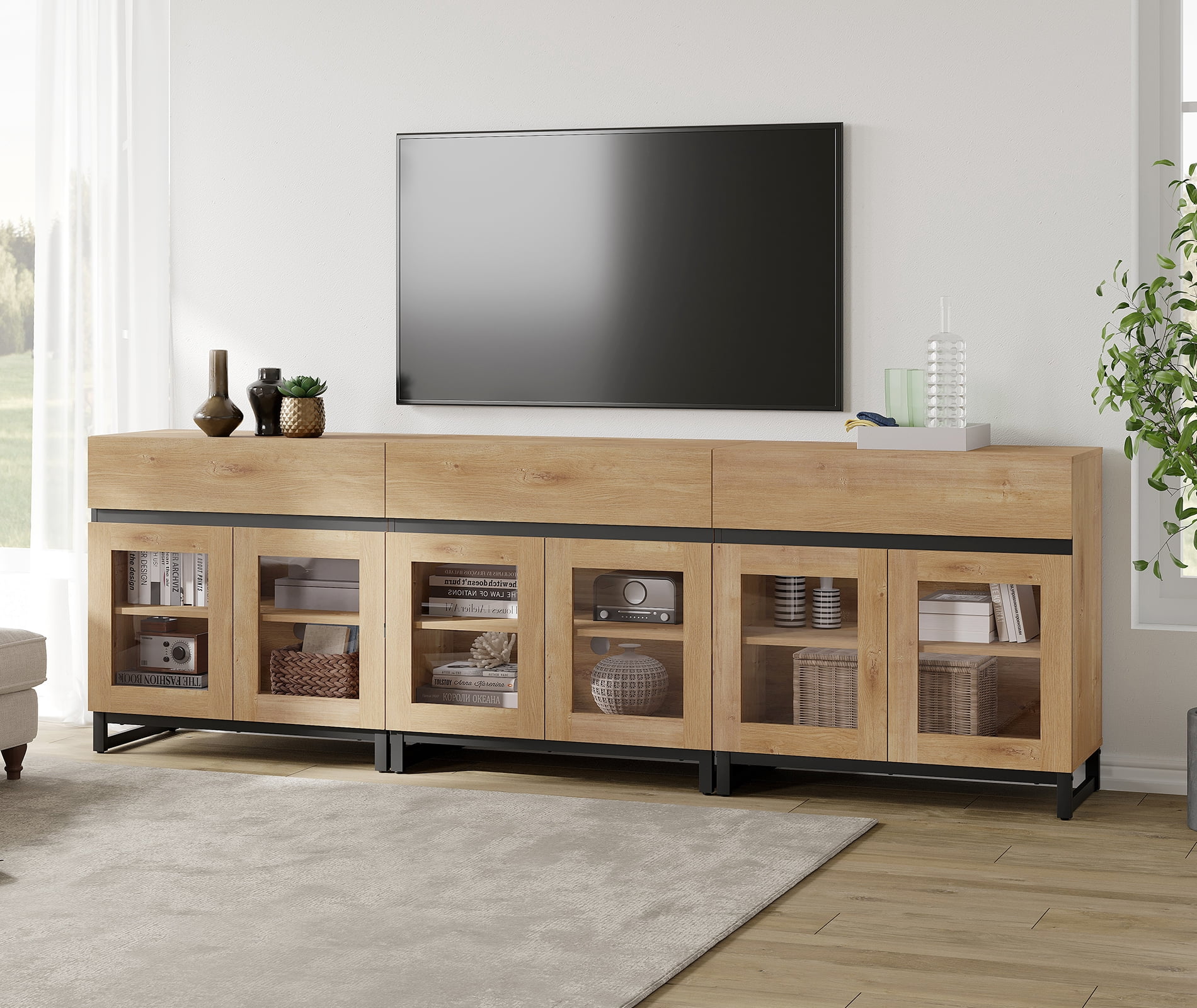 WAMPAT 3-in-1 Modern TV Stand with Glass Doors & 3 Drawers, Metal Base Entertainment Center for 110 Inch TVs, Media Console for Living Room & Bedroom