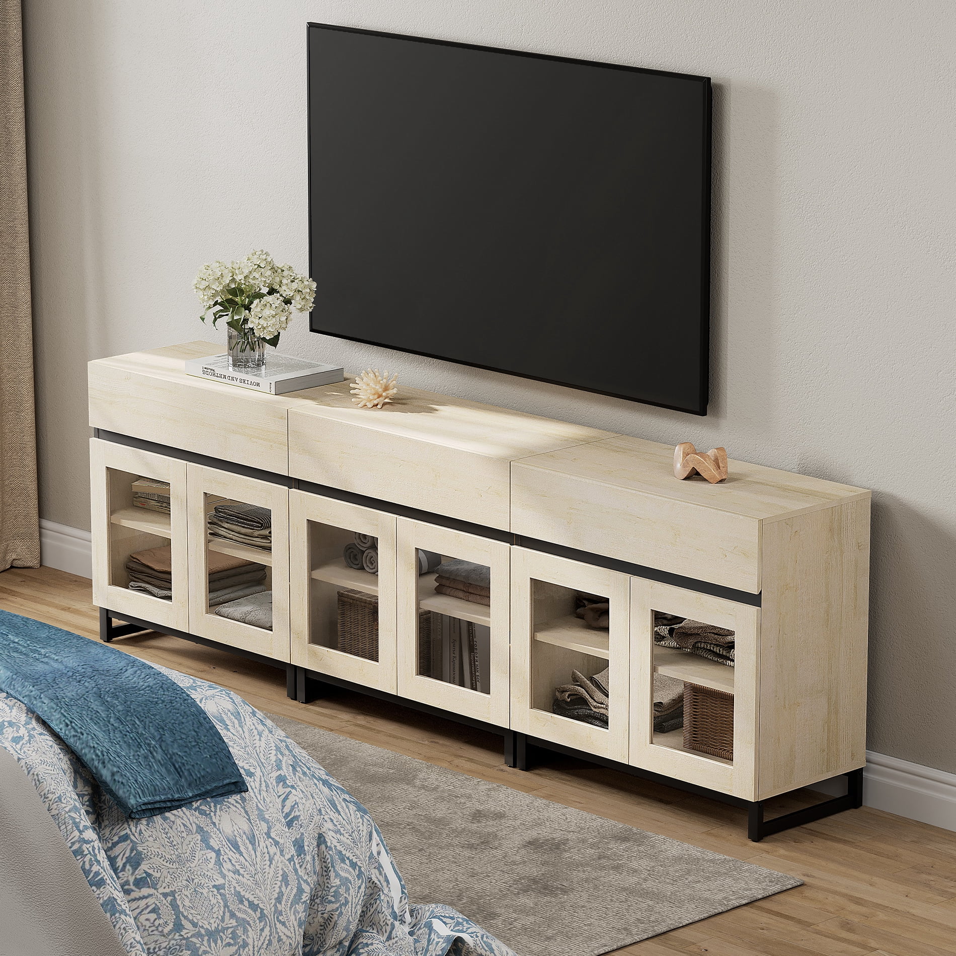 WAMPAT 3-in-1 Modern TV Stand with Glass Doors & 3 Drawers, Metal Base Entertainment Center for 110 Inch TVs, Media Console for Living Room & Bedroom