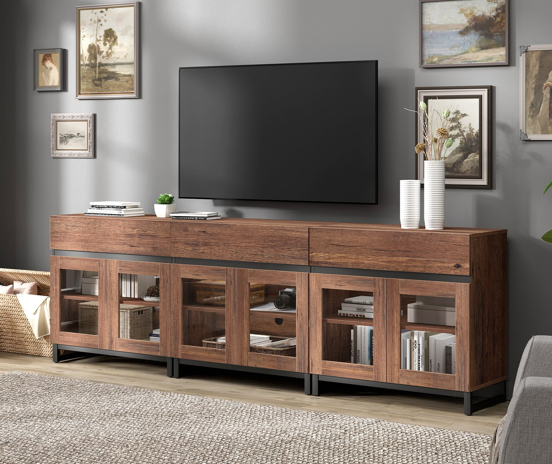 WAMPAT 3-in-1 Modern TV Stand with Glass Doors & 3 Drawers, Metal Base Entertainment Center for 110 Inch TVs, Media Console for Living Room & Bedroom