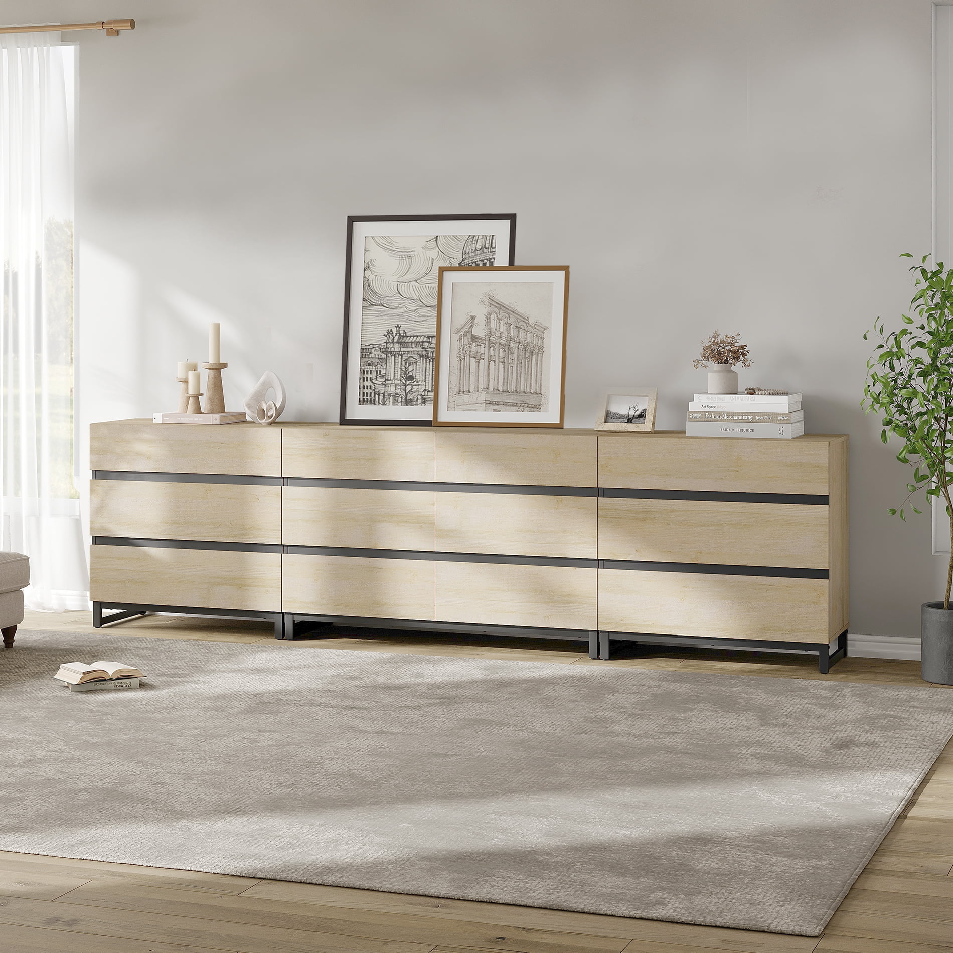 WAMPAT 3-in-1 Modern Wood Dresser, 12 Drawers & Metal Base, Closet Storage Organizer for Bedroom,Beige