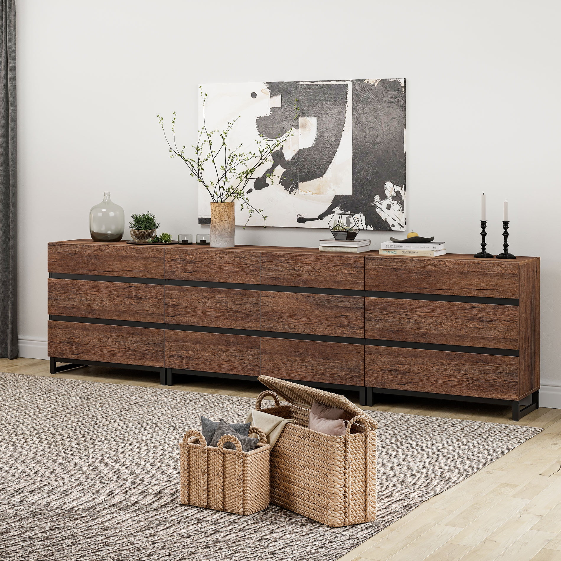 WAMPAT 3-in-1 Modern Wood Dresser, 12 Drawers & Metal Base, Closet Storage Organizer for Bedroom,Brown