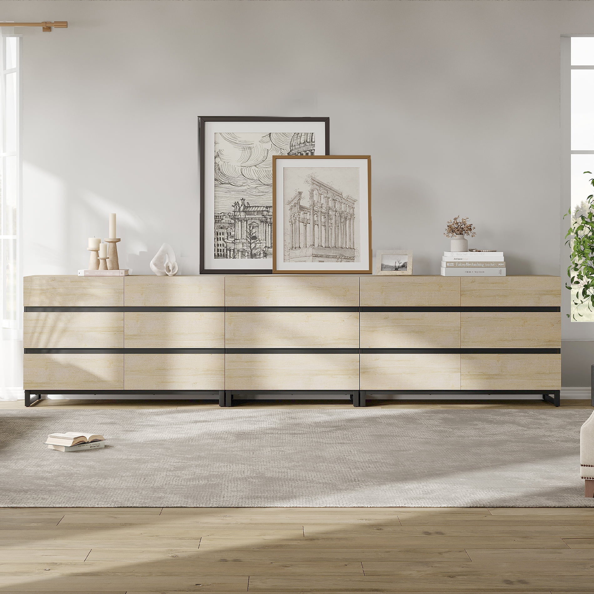 WAMPAT 3-in-1 Modern Wood Dresser, 15 Drawers & Metal Base, Closet Storage Organizer for Bedroom,Beige