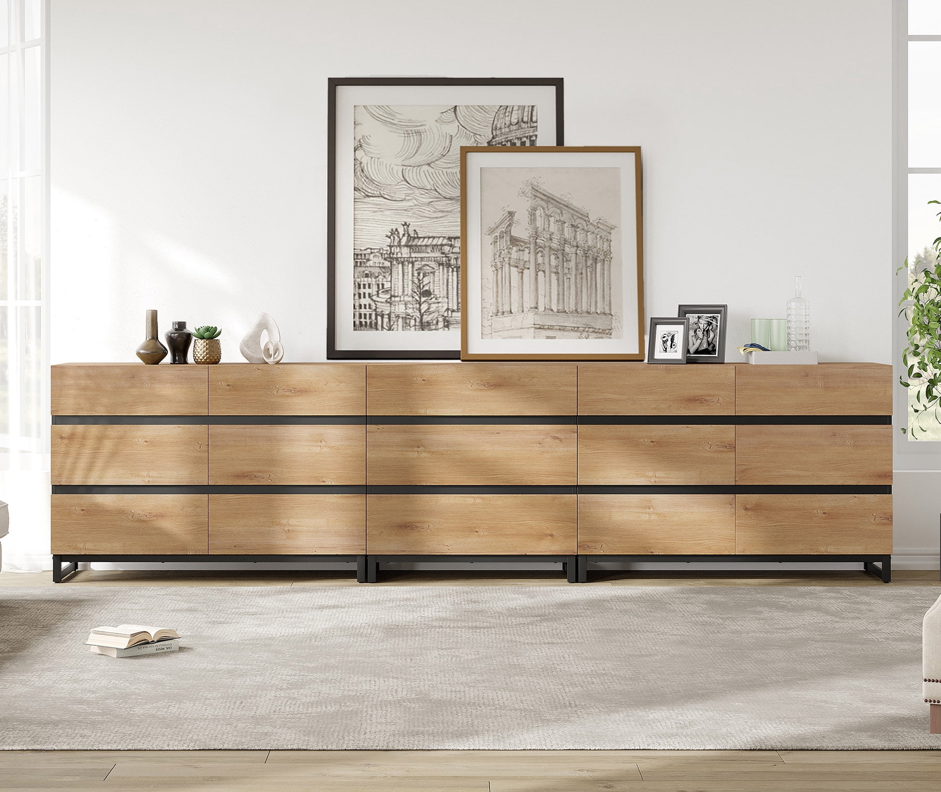 WAMPAT 3-in-1 Modern Wood Dresser, 15 Drawers & Metal Base, Closet Storage Organizer for Bedroom,Oak