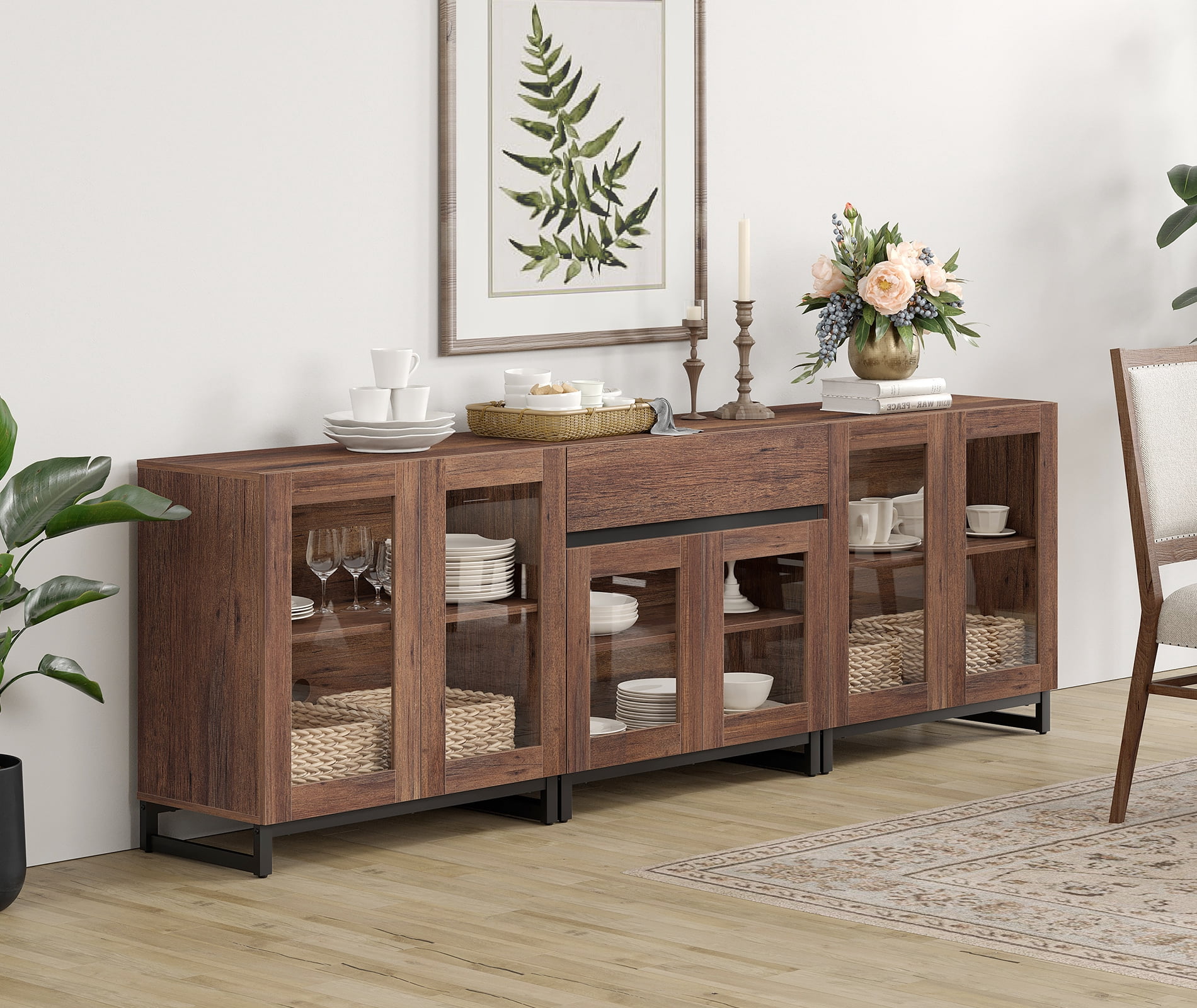 WAMPAT 3-in-1 Multifunctional Modern Sideboard Buffet with Glass Doors and Drawers, Adjustable Shelf & Metal Base for Coffee Bar & Storage Credenza