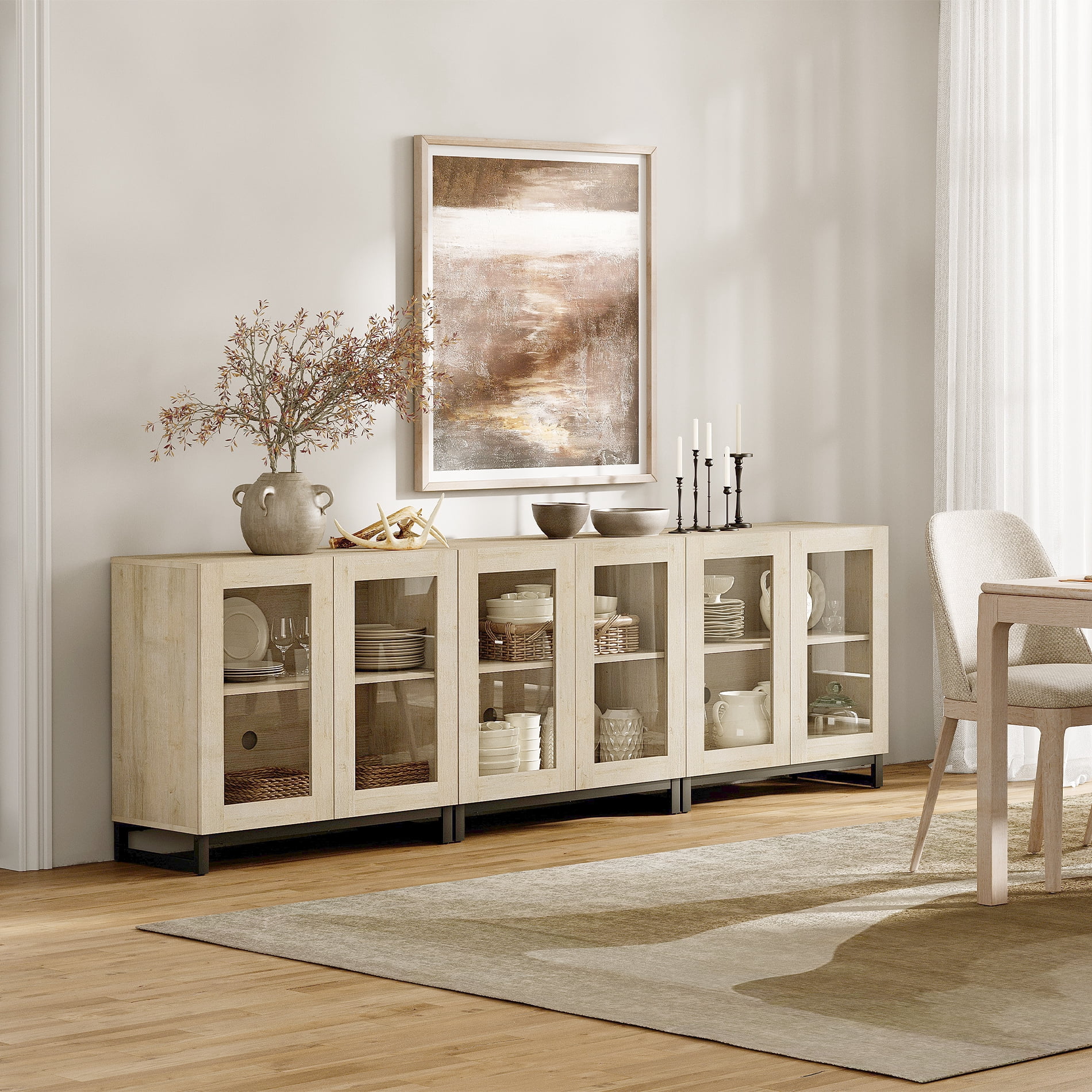 WAMPAT 3-in-1 Multifunctional Sideboard Buffet Cabinet with 6 Glass Doors and Adjustable Shelf Coffee Bar Storage Cabinet for Living Room Kitchen,Beige