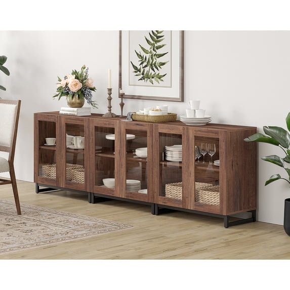 WAMPAT 3-in-1 Multifunctional Sideboard Buffet Cabinet with 6 Glass Doors and Adjustable Shelf Coffee Bar Storage Cabinet for Living Room Kitchen,Brown