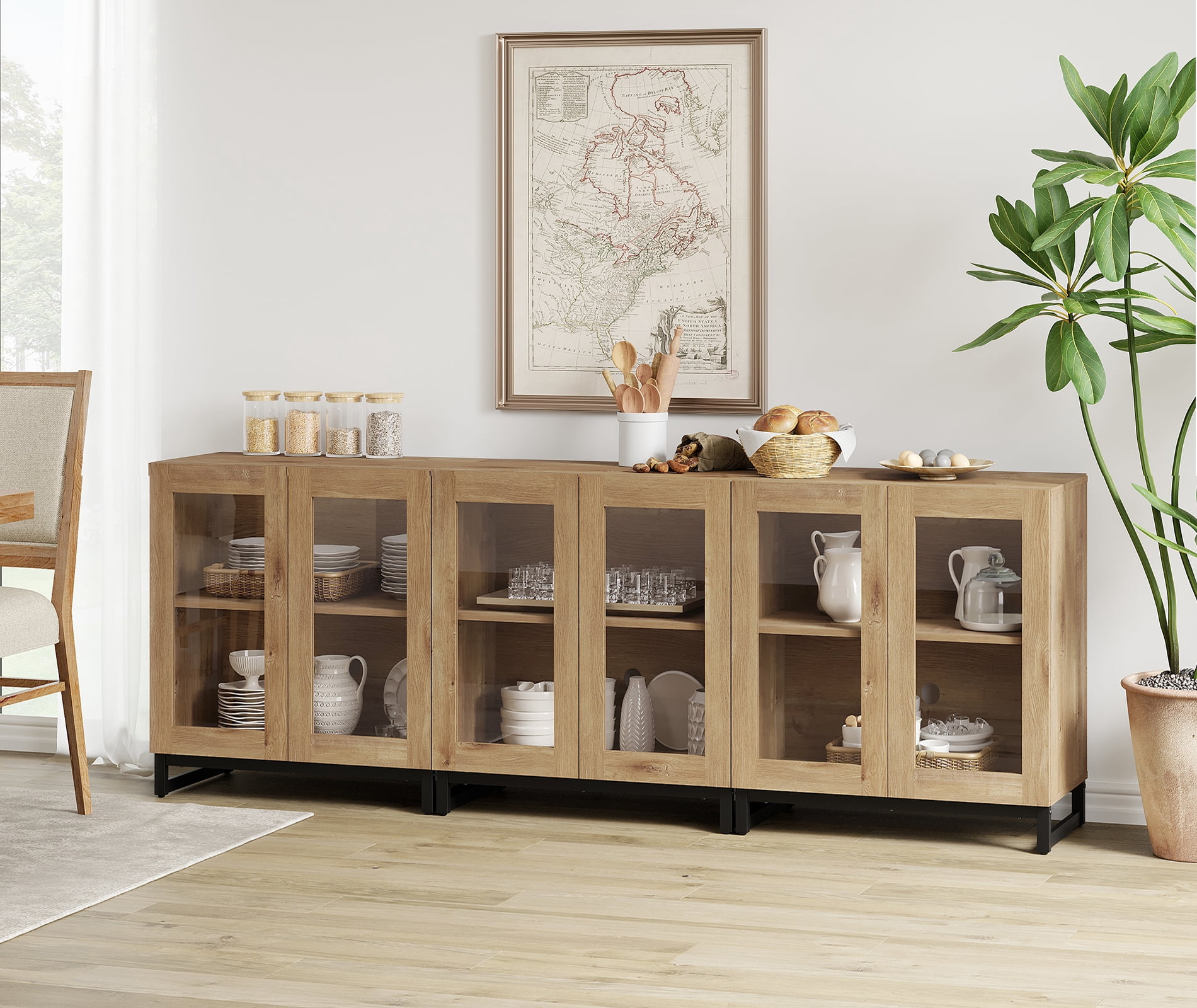 WAMPAT 3-in-1 Multifunctional Sideboard Buffet Cabinet with 6 Glass Doors and Adjustable Shelf Coffee Bar Storage Cabinet for Living Room Kitchen,Oak