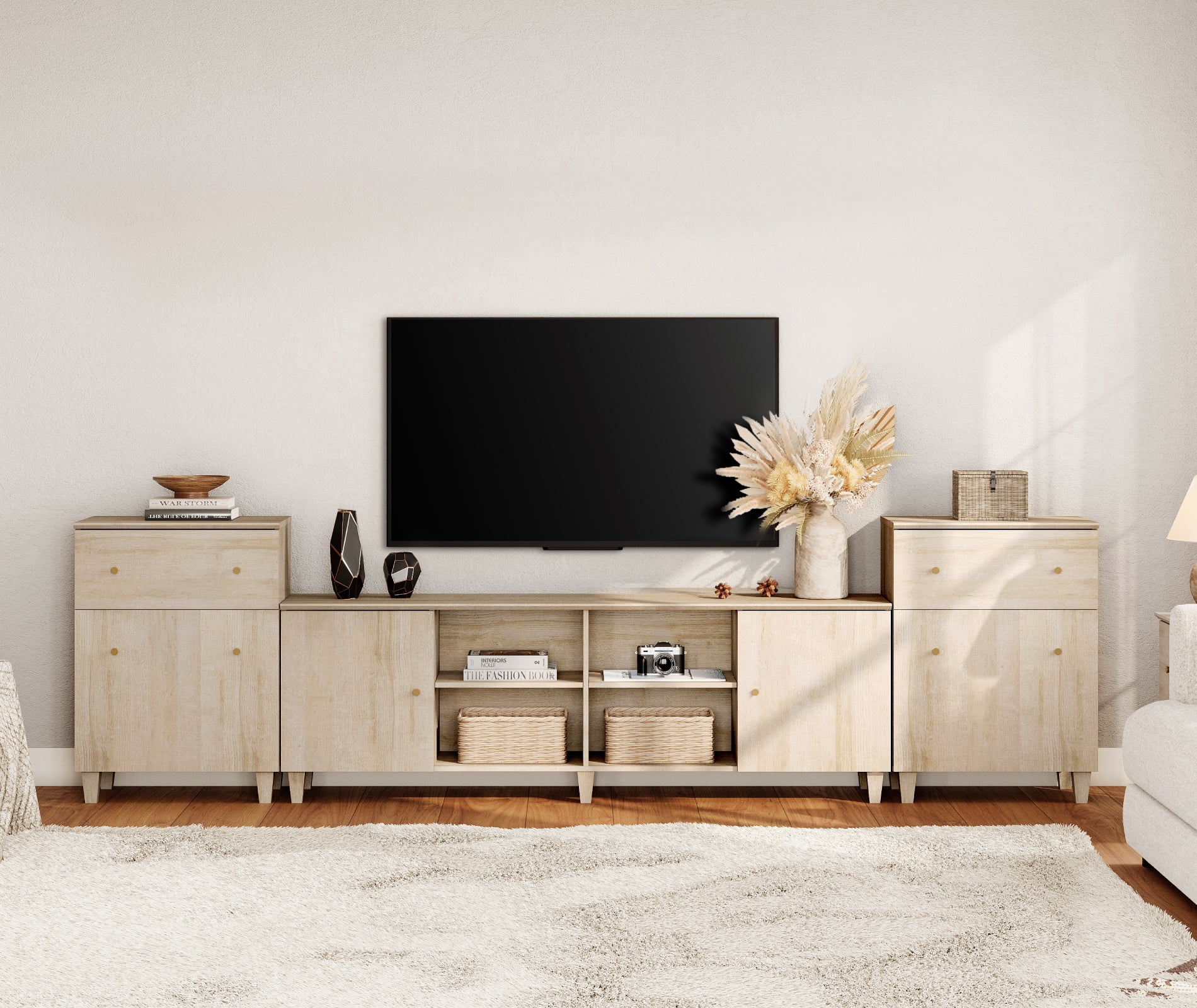 WAMPAT 3-in-1 TV Stand with Cabinets and Drawers, Modern Wood Entertainment Center Media Console for 75+ inch TVs, Light Oak