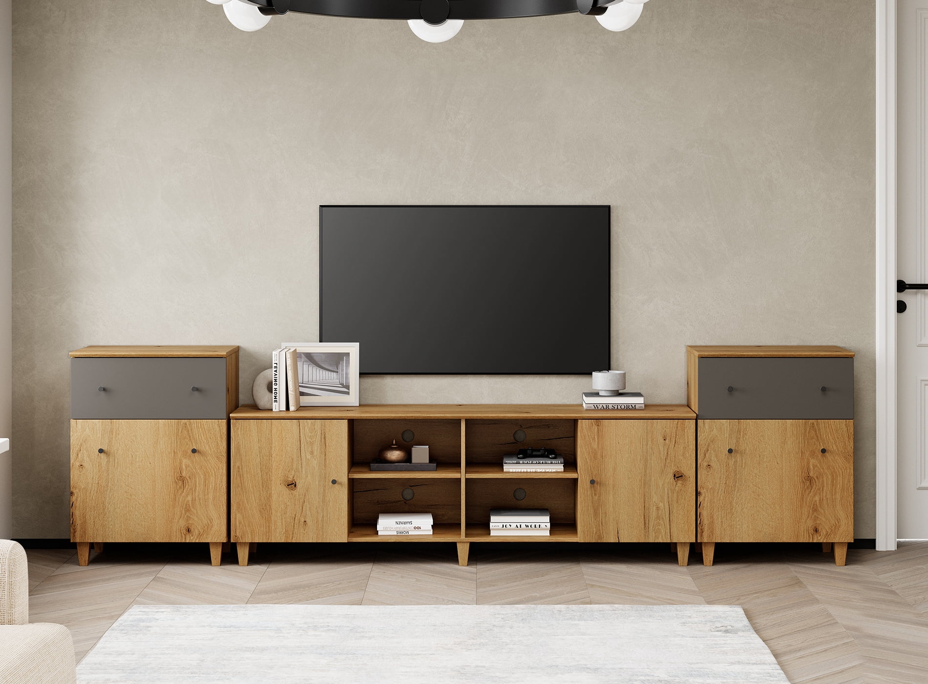 WAMPAT 3-in-1 TV Stand with Cabinets and Drawers, Modern Wood Entertainment Center Media Console for 75+ inch TVs, Oak Brown