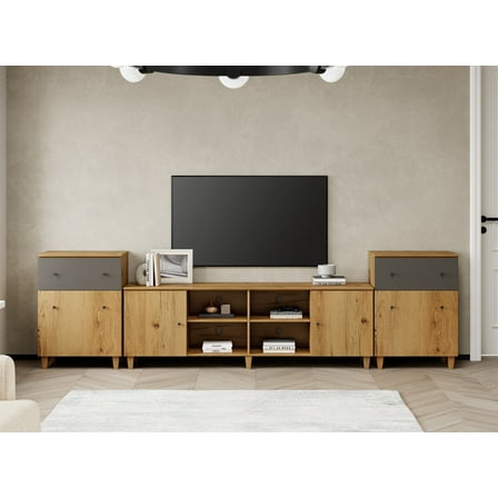 WAMPAT 3-in-1 TV Stand with Cabinets and Drawers, Modern Wood Entertainment Center Media Console for 75+ inch TVs, Oak Brown