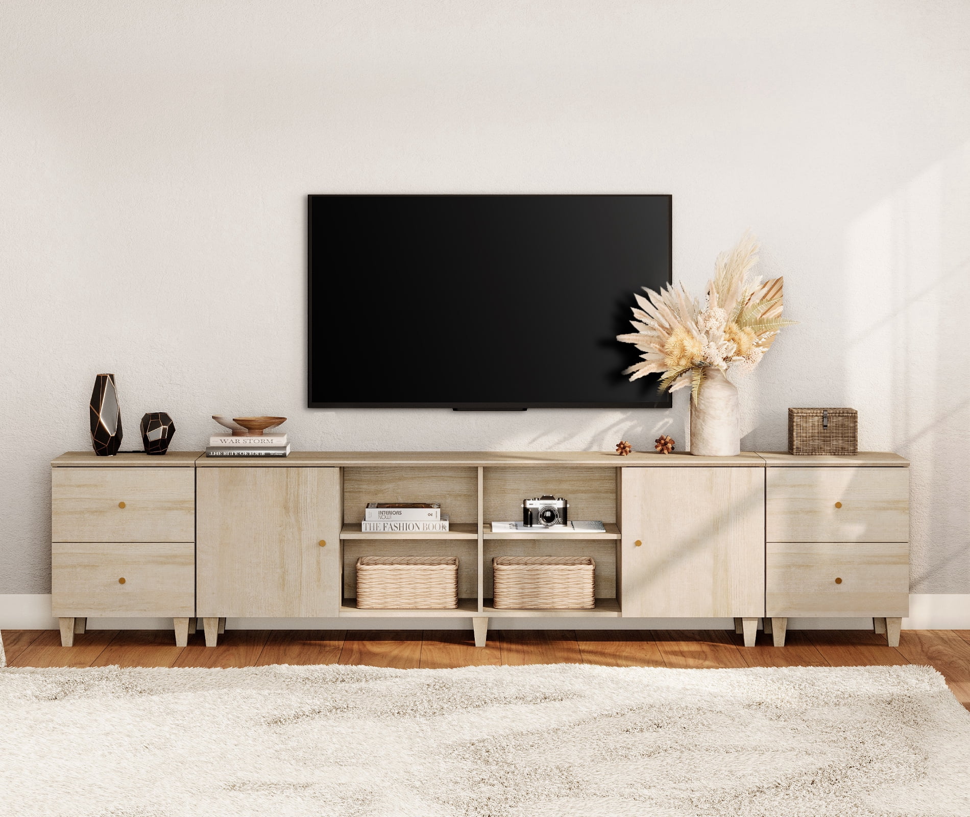WAMPAT 3-in-1 TV Stand with Doors and Charging Station, 105" Modern Wood Entertainment Center Media Console for 110+ inch TVs, Light Oak