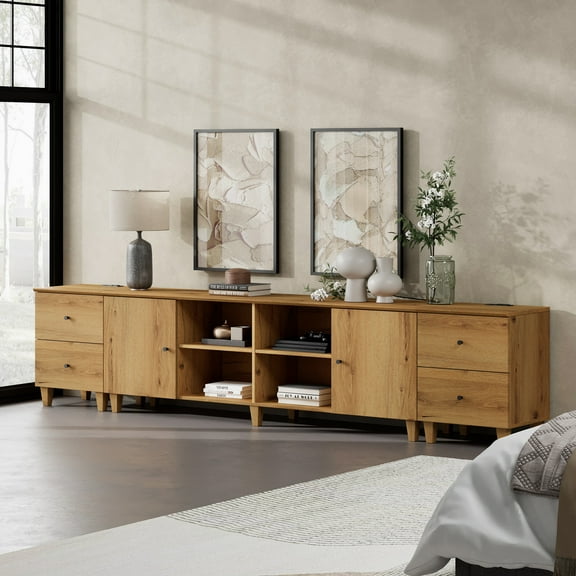 WAMPAT 3-in-1 TV Stand with Doors and Charging Station, 105" Modern Wood Entertainment Center Media Console for 110+ inch TVs, Oak Brown