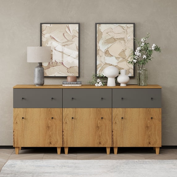 WAMPAT 3-in-1 Wood Dresser with 3 Drawers and 3 Cabinets for Bedroom, Modern Chest of Drawers, 71" Wide, Oak Brown&Dark Gray
