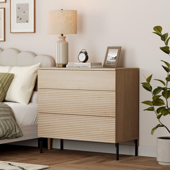 WAMPAT 30.2" Tall Fluted Nightstand with 3 Large Drawers, Mid Century Nightstand End Table with Hidden Handle, Wooden Bedside Table with Storage for Living Room, Bedroom, Brown