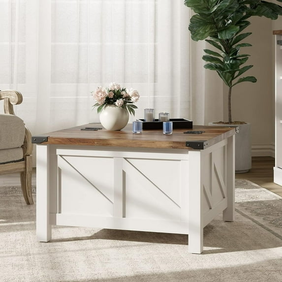 WAMPAT 30"x 30" Square Coffee Table, Farmhouse Center Table with Lift Top & Storage for Living Room, Cream White
