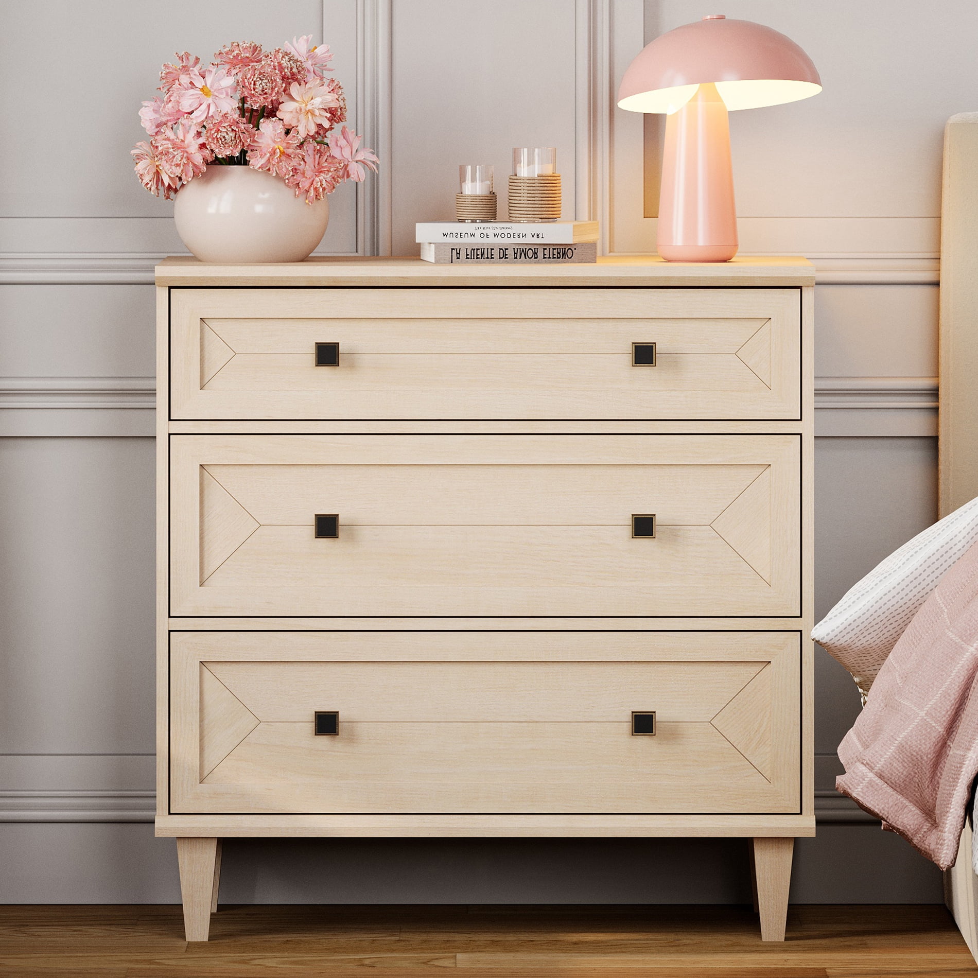 WAMPAT 31.5" Large Handmade Patchwork 3-Drawer Nightstand, Beige