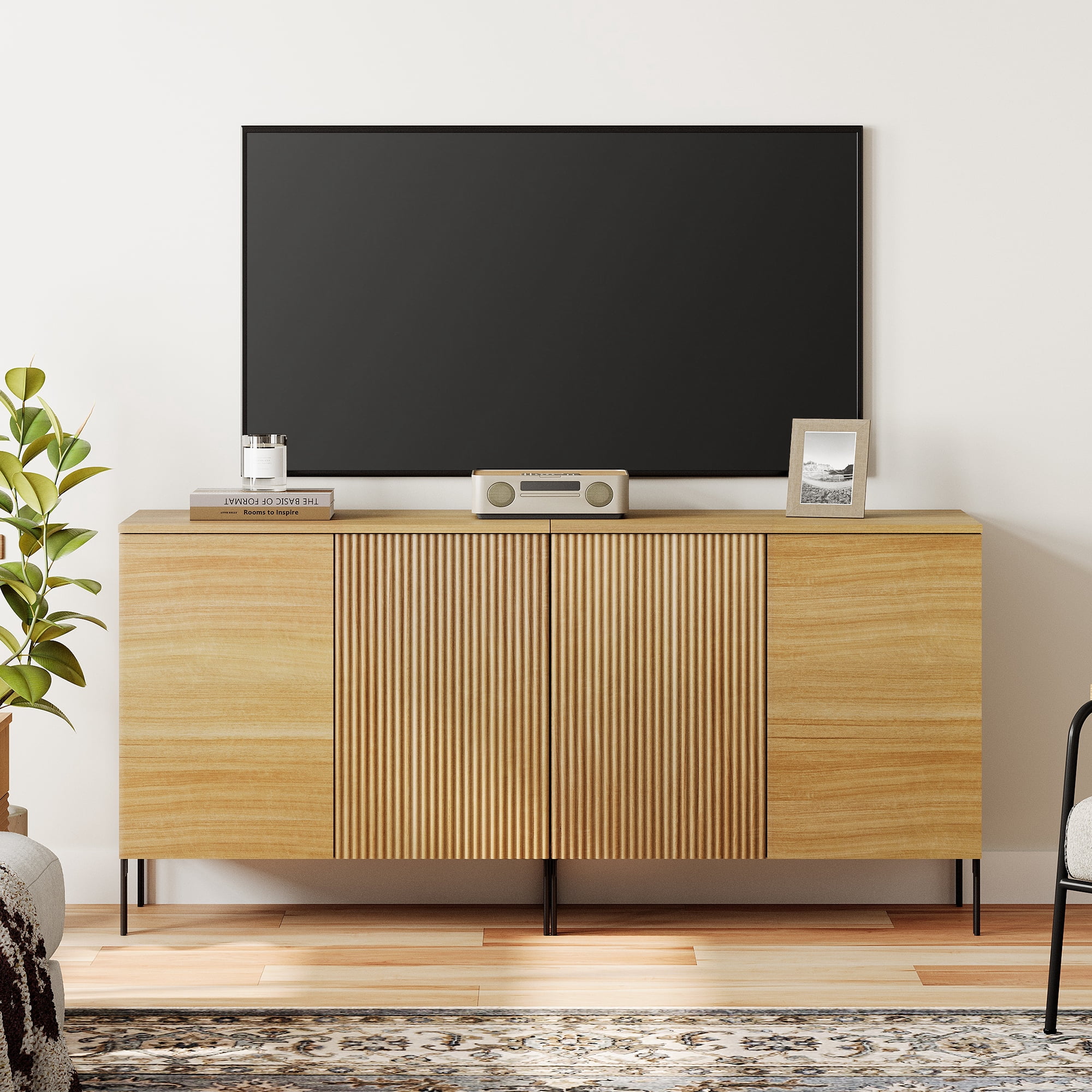 WAMPAT 31.5" Modern TV Stand for TVs up to 45 Inch, Fluted Wood Media Console with 3 Drawers, Push-to-Open Storage Cabinet for Living Room