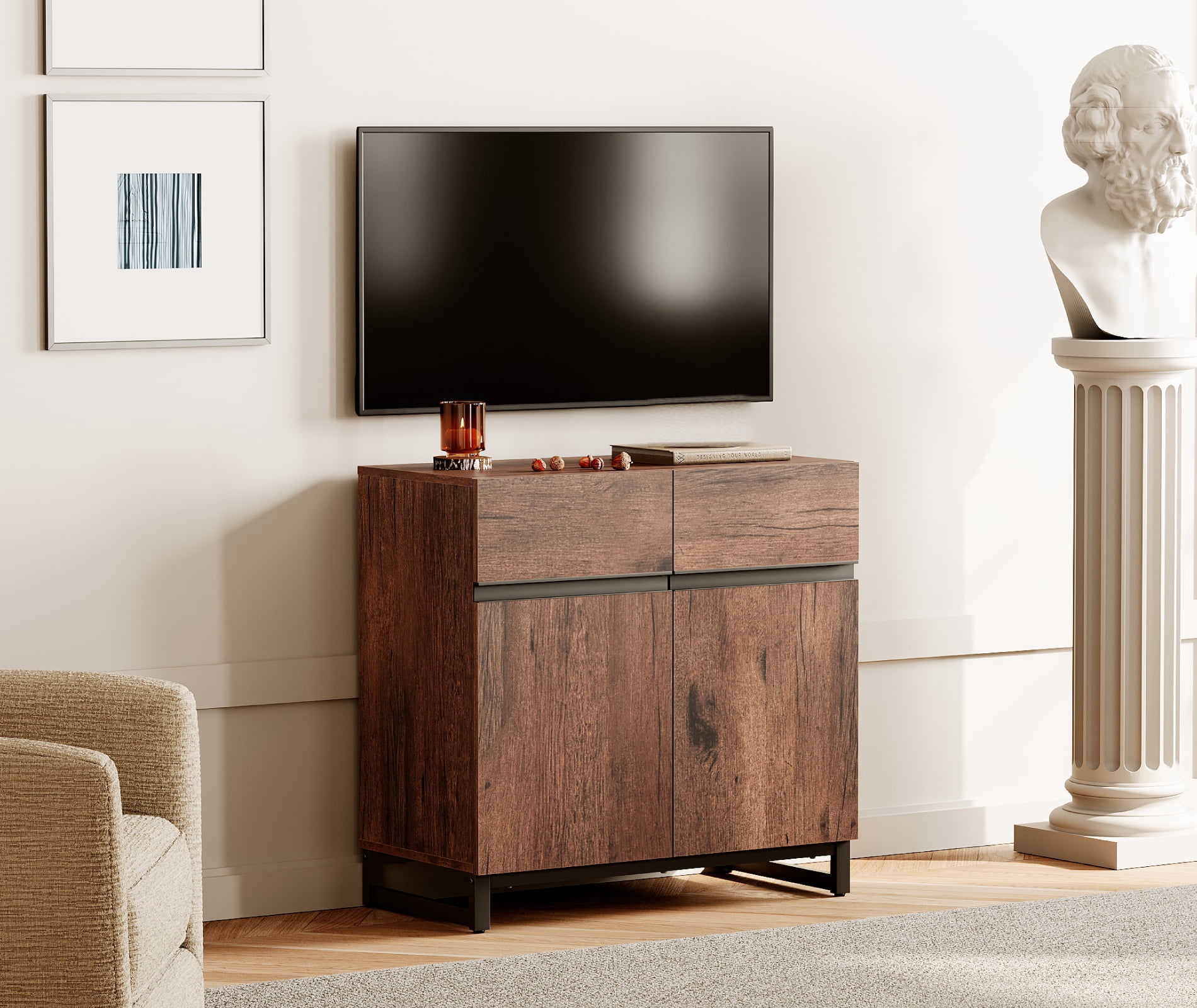 WAMPAT 31.5" TV Stand with Doors,Modern TV Stand for TVs up to 40 Inch,1 Pack Wood Entertainment Center with Adjustable Shelves & Metal Base.