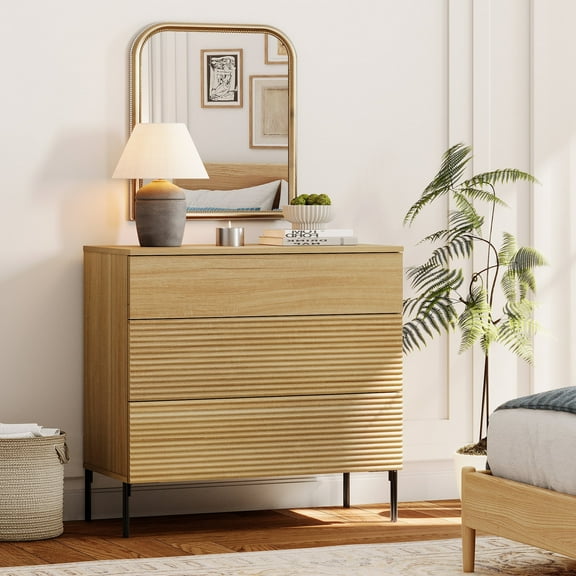 WAMPAT 31.5" W Fluted Dresser for Bedroom, Modern 3 Drawer Dresser TV Stand with Hidden Handles, Wooden Chest of Drawers Closet Clothes Storage Organizer for Bedroom, Living Room, Oak