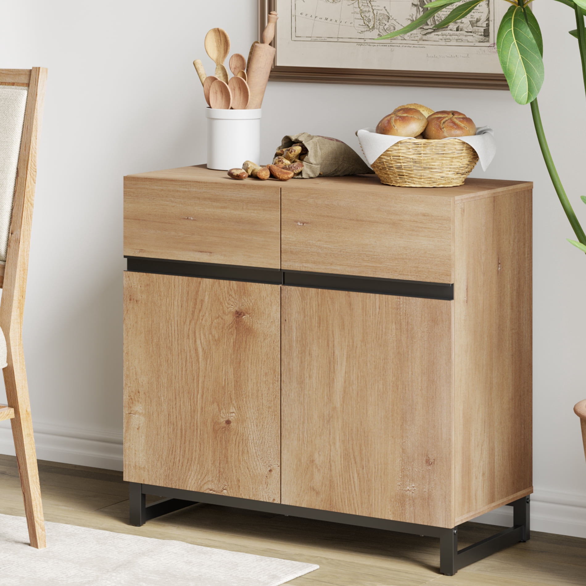 WAMPAT 31.5" Wide Multifunctional Sideboard Buffet with Adjustable Shelf & Metal Base, Modern Wood Grain Storage Cabinet for Dining Room, Living Room.