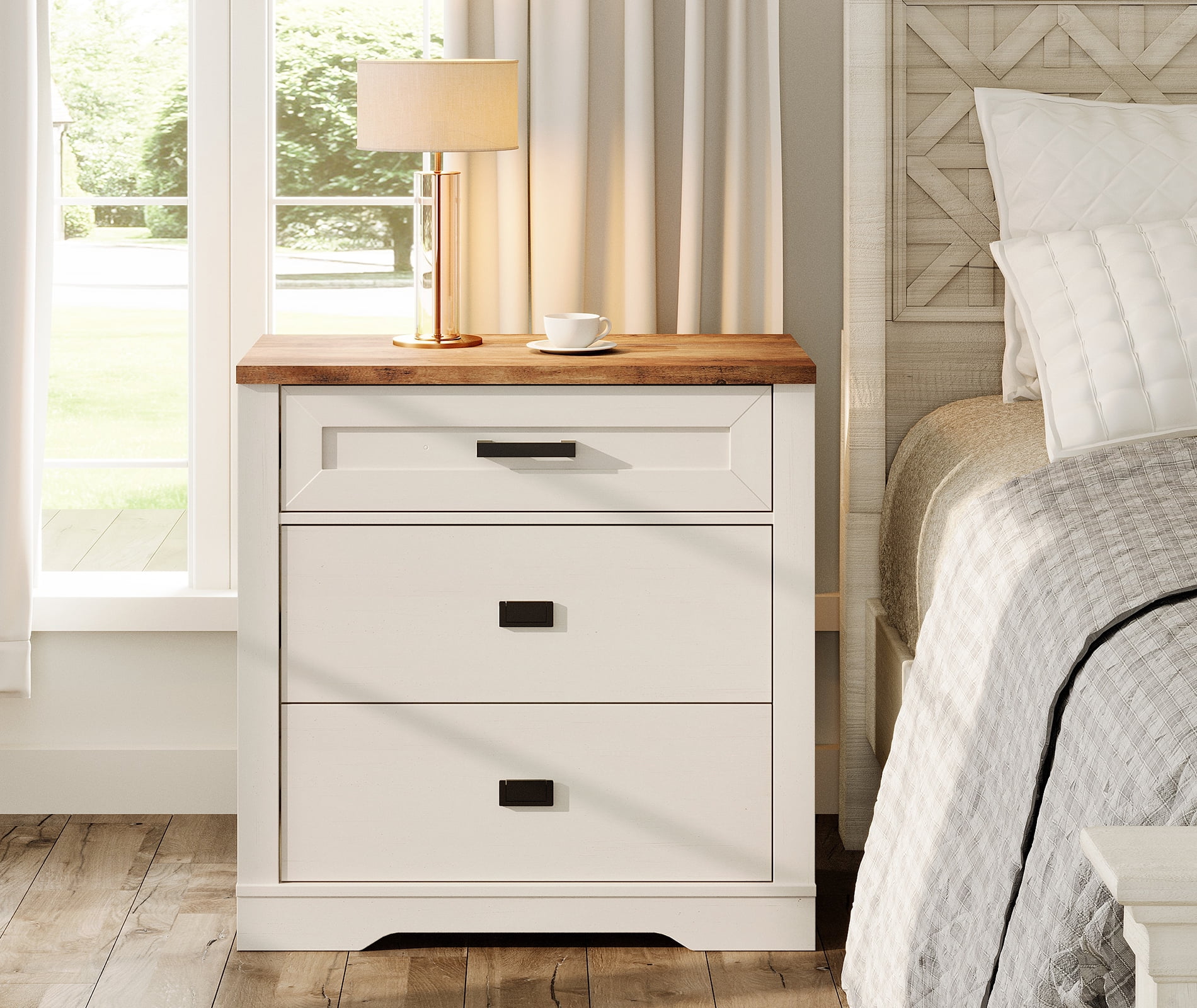 WAMPAT 31.5 inch Wide Large Nightstand for Bedroom, 32" Tall Oversized Modern Farmhouse Bedside Table with Large Drawers,31.5" W x 15.4" D x 32" H,Antique White