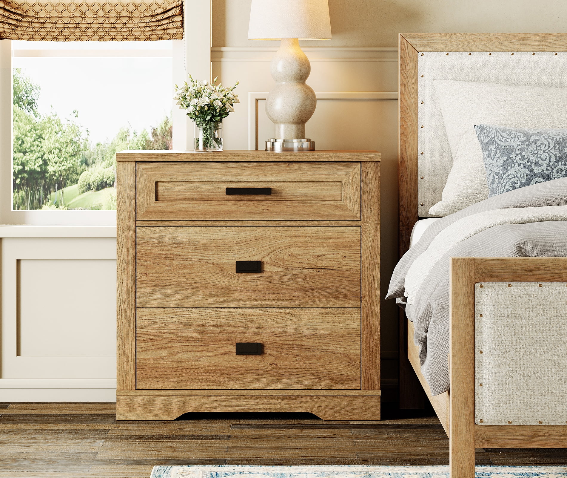 WAMPAT 31.5 inch Wide Large Nightstand for Bedroom, 32" Tall Oversized Modern Farmhouse Bedside Table with Large Drawers,31.5" W x 15.4" D x 32" H,Vintage Oak