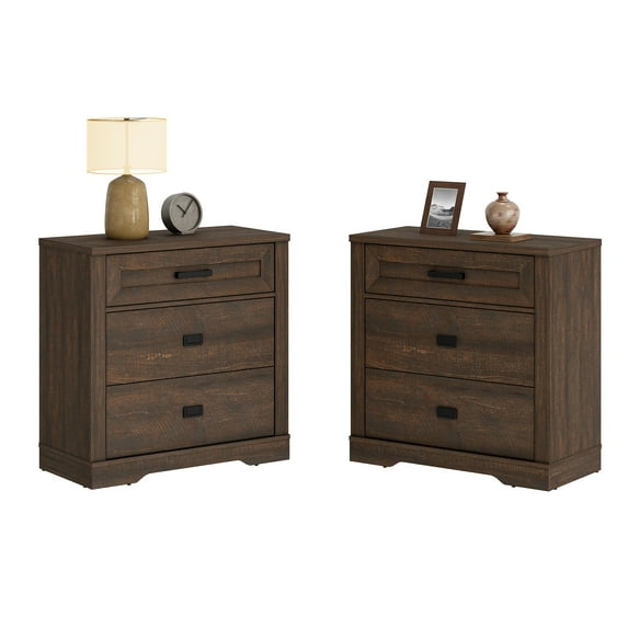 WAMPAT 31.5 inch Wide Large Nightstand Set of 2, 32 inch Tall Oversized Modern Farmhouse Bedside Table with Large Drawers 2-Piece Set for Bedroom,Dark Brown