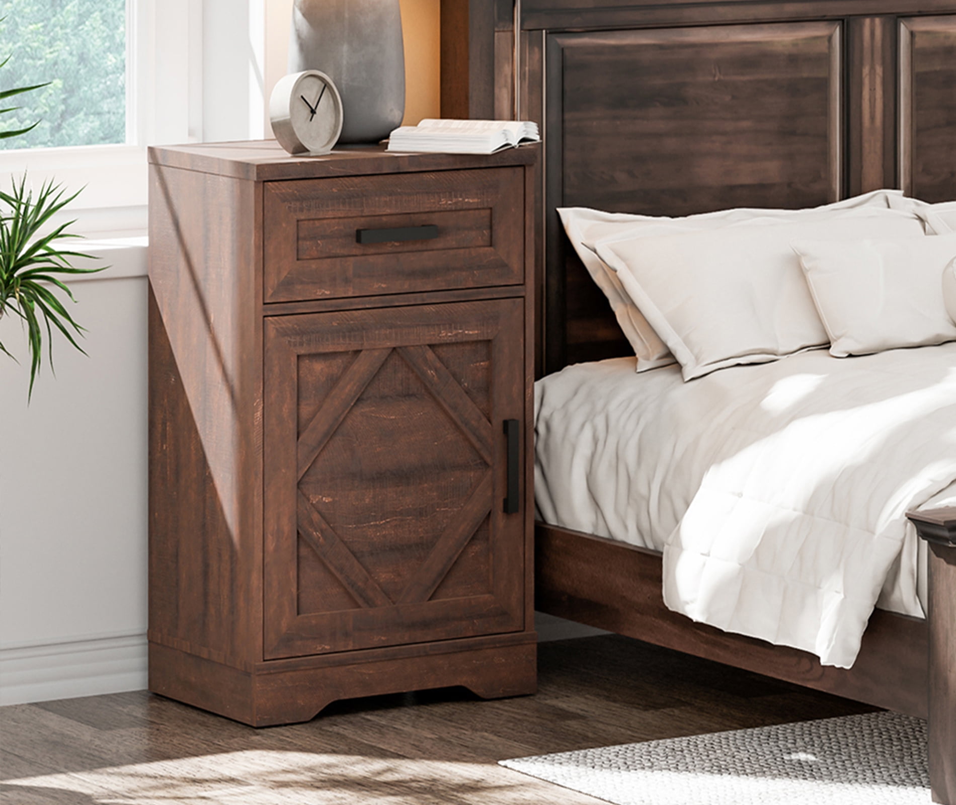 WAMPAT 31.9 inch Tall Farmhouse Nightstand with Drawers and Adjustable Storage Shelves, Solid Wood Side Table with Barn Doors for Bedroom,Rustic Brown