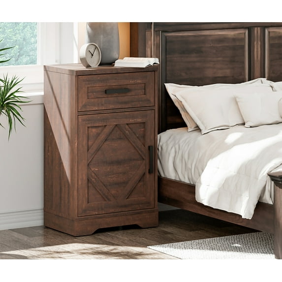 WAMPAT 31.9 inch Tall Farmhouse Nightstand with Drawers and Adjustable Storage Shelves, Solid Wood Side Table with Barn Doors for Bedroom,Rustic Brown