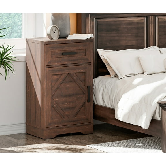 WAMPAT 31.9 inch Tall Farmhouse Nightstand with Drawers and Adjustable Storage Shelves, Solid Wood Side Table with Barn Doors for Bedroom,Rustic Brown