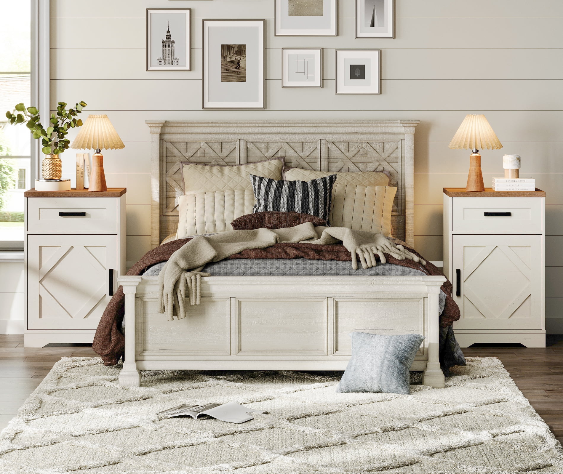 WAMPAT 31.9 inch Tall Nightstands Set of 2 for Bedroom, Farmhouse End Table with Drawer and Barn Door, Wood Bed Side Table with Adjustable Storage Shelf,Cream White